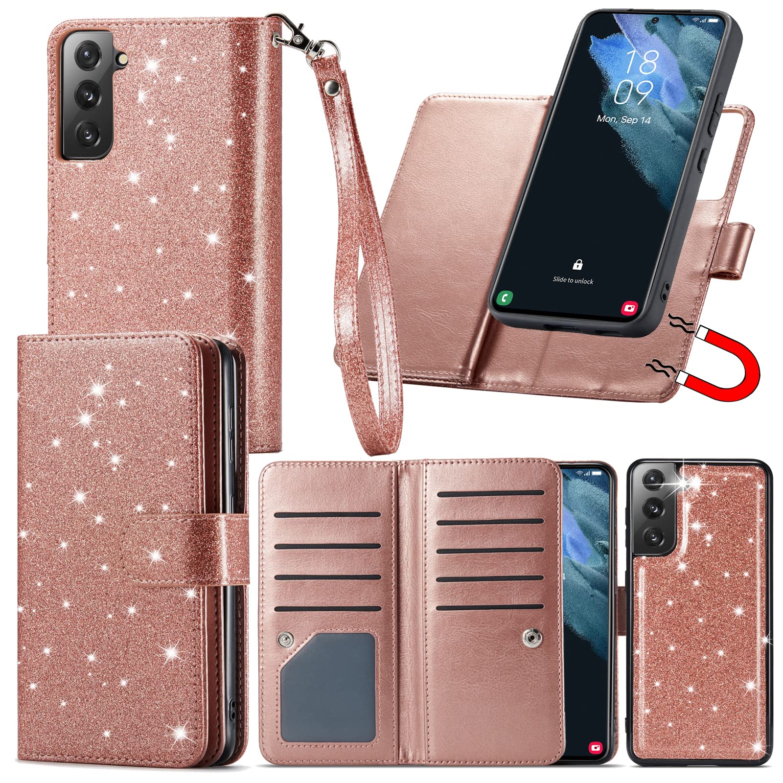 Magnetic Wallet Case for Samsung Galaxy S22 Plus - Rose Gold Glitter Cover with Card Holder & Wristlet for Women | Daily Use & Travel