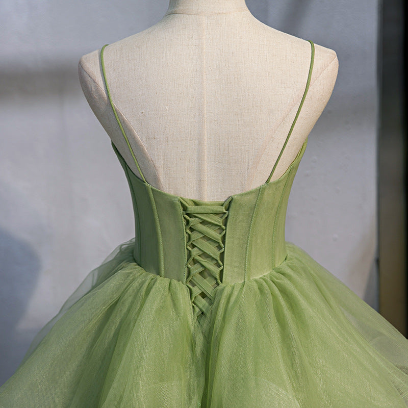 Elegant Green Tulle Ball Gown with Ruffles & Spaghetti Straps - Quinceanera & Prom Dress with Train (Style #213) | Perfect for Sweet 16, Homecoming, Formal Dances & Special Occasions