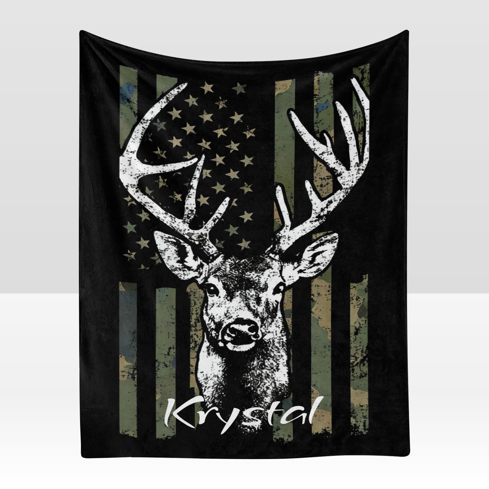 Custom Personalized American Flag Camo Deer Fleece Blanket - Super Soft Throw with Name Text - 50