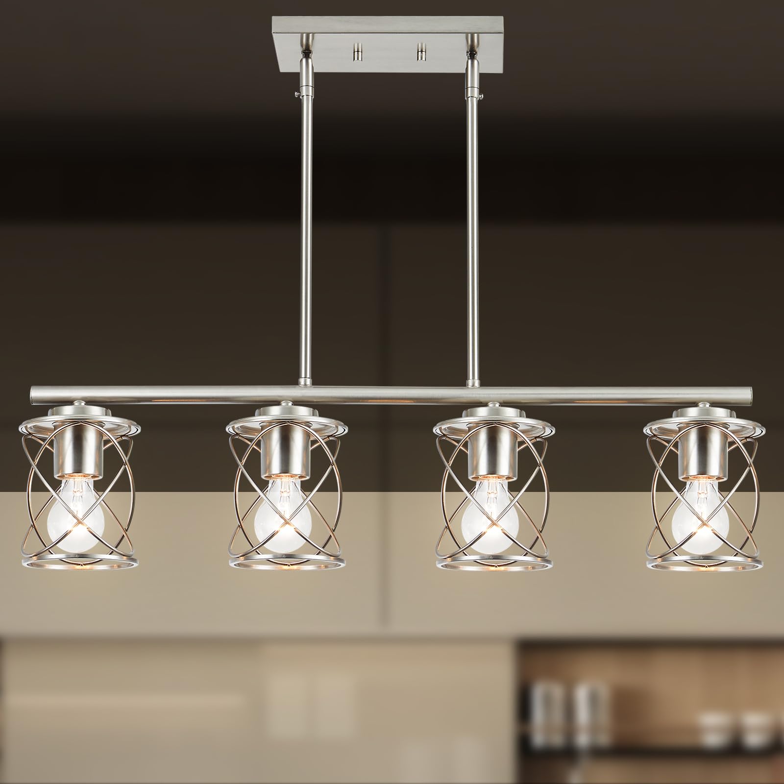 Farmhouse Linear Pendant Light - 4-Light Adjustable Kitchen Island Lighting Fixture in Brushed Nickel - Perfect for Dining Room, Living Room & Kitchen Table Decor