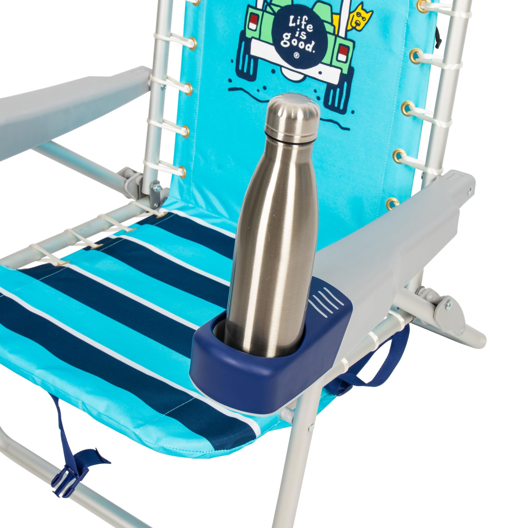 Life is Good 4-Position Adjustable Lace-up Backpack Beach Chair with Pillow, Cup Holder & Phone Pocket - Portable Folding Camping Chair for Beach, Park, Travel & Outdoor Activities - Island Blue