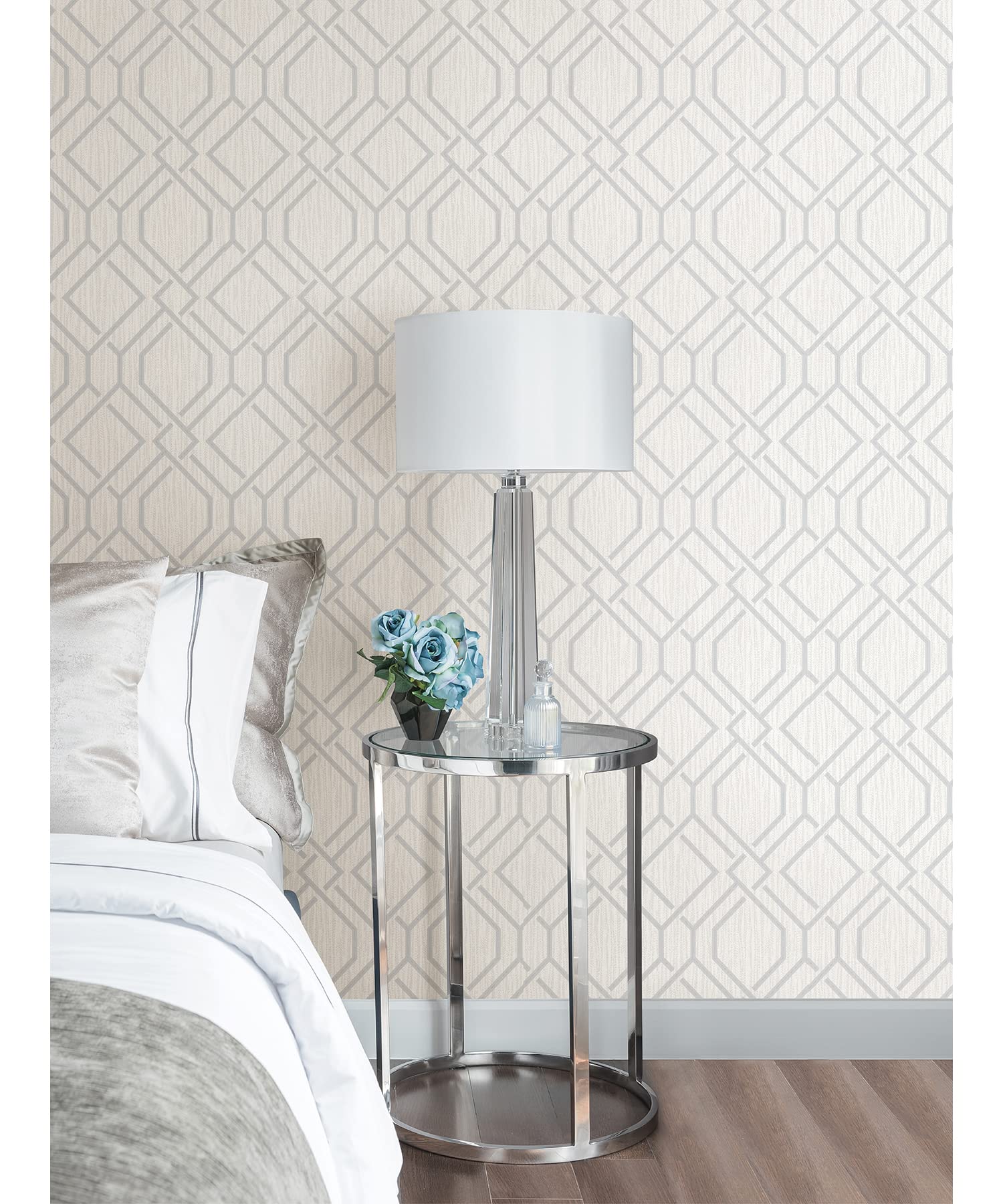 Brewster Home Fashions Frege Silver Trellis Wallpaper - Peel and Stick Removable Wallpaper for Bedroom, Living Room, Office Decor - Self-Adhesive Wall Covering for Home Renovation