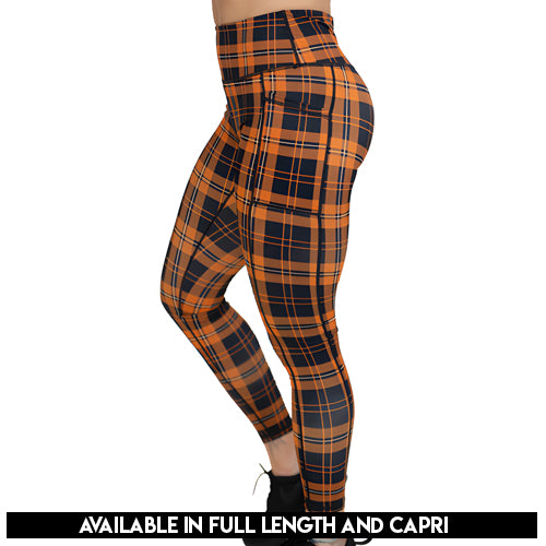 Stylish Pumpkin Patch Plaid Leggings for Women - Fall Fashion Stretch Comfort Pants for Autumn Outfits, Halloween, Thanksgiving & Cozy Seasonal Wear