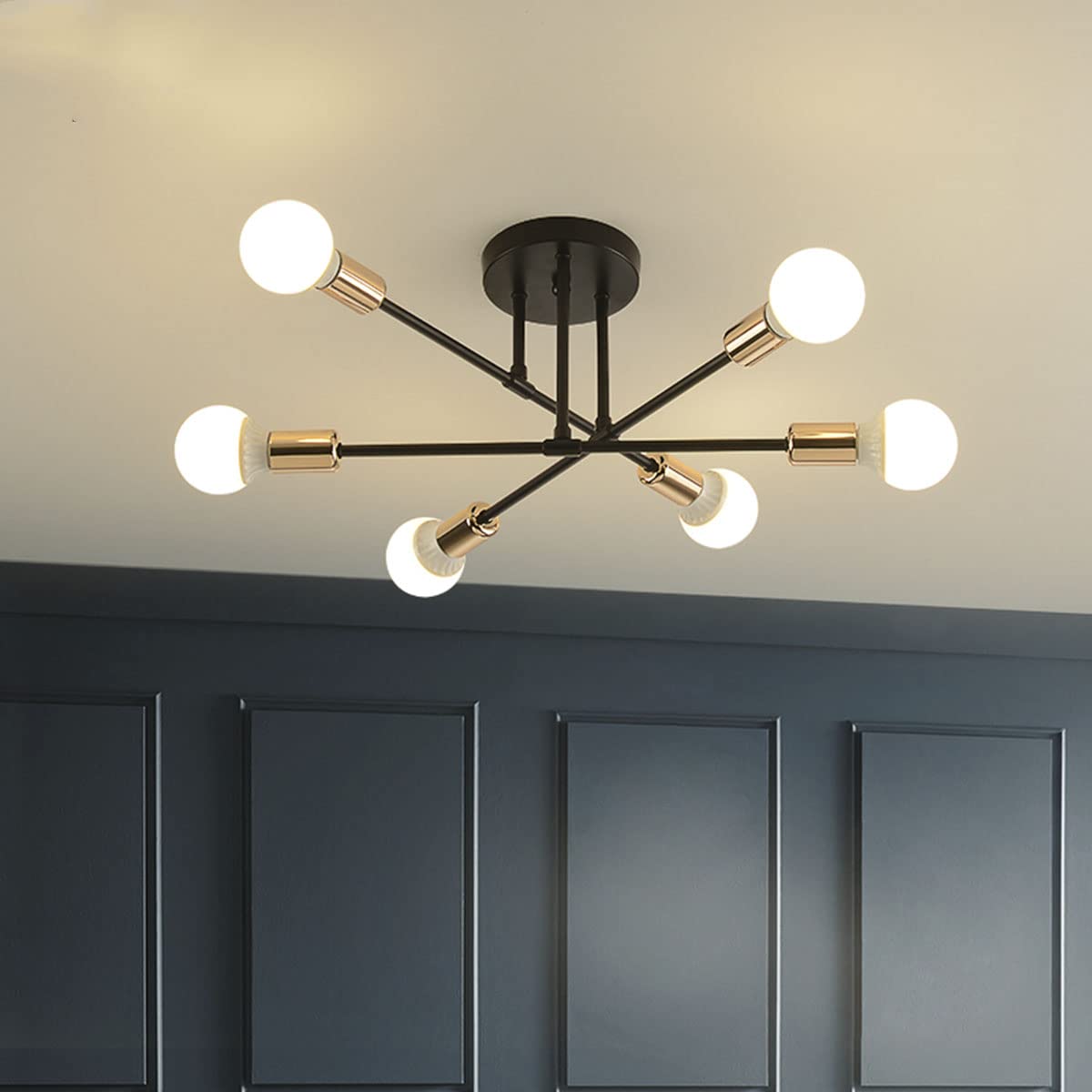Modern 6-Light Semi Flush Mount Chandelier - Black & Gold Contemporary Ceiling Light Fixture for Living Room, Bedroom, Dining Room, Kitchen & Office | Elegant Home Lighting for Dining Areas, Entryways and Modern Interiors