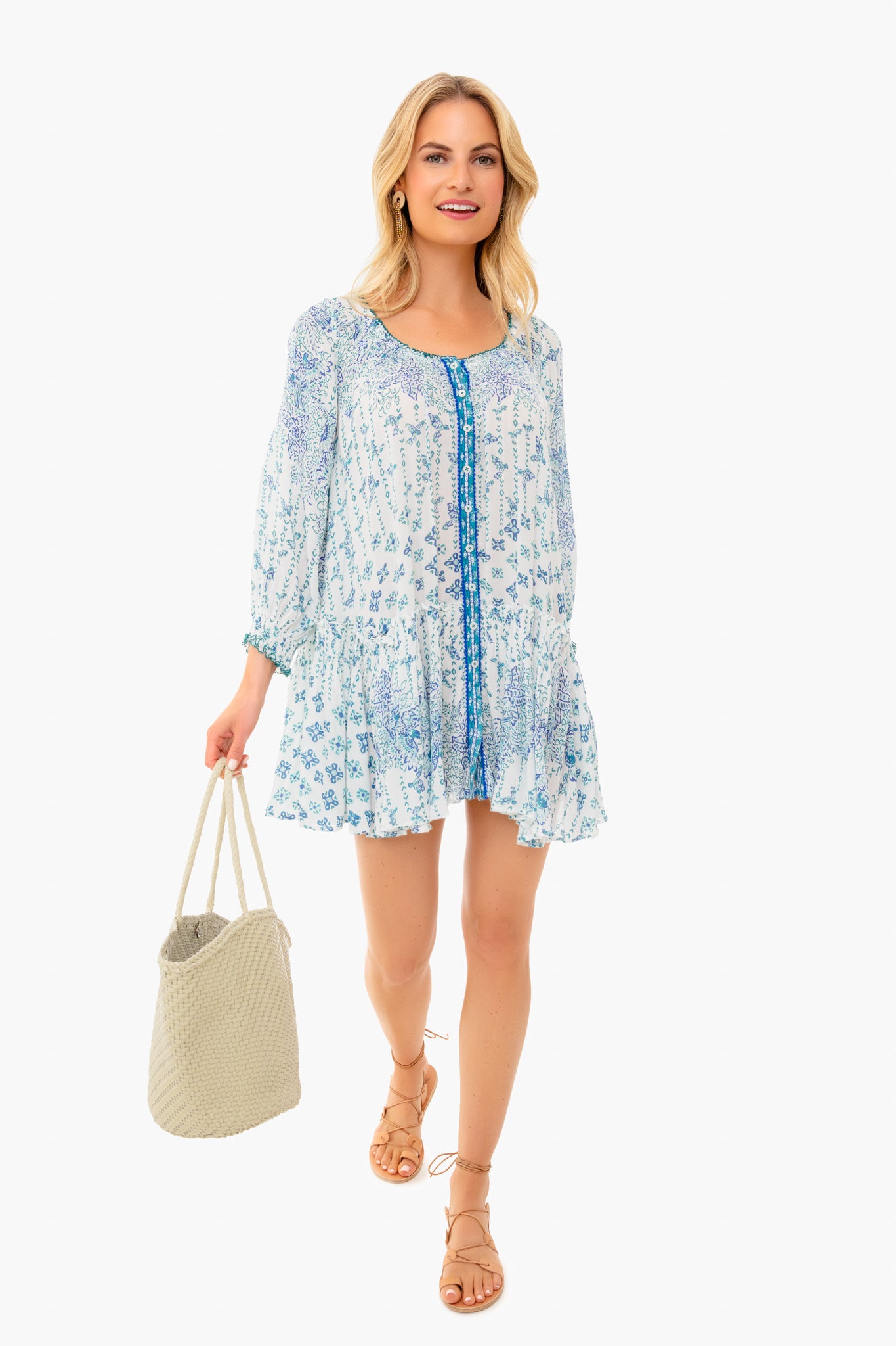 Blue Parrot Batik Tesorino Mini Dress - Floral Printed Sundress for Women, Summer Beach Vacation Outfit, Boho Chic Party Dress