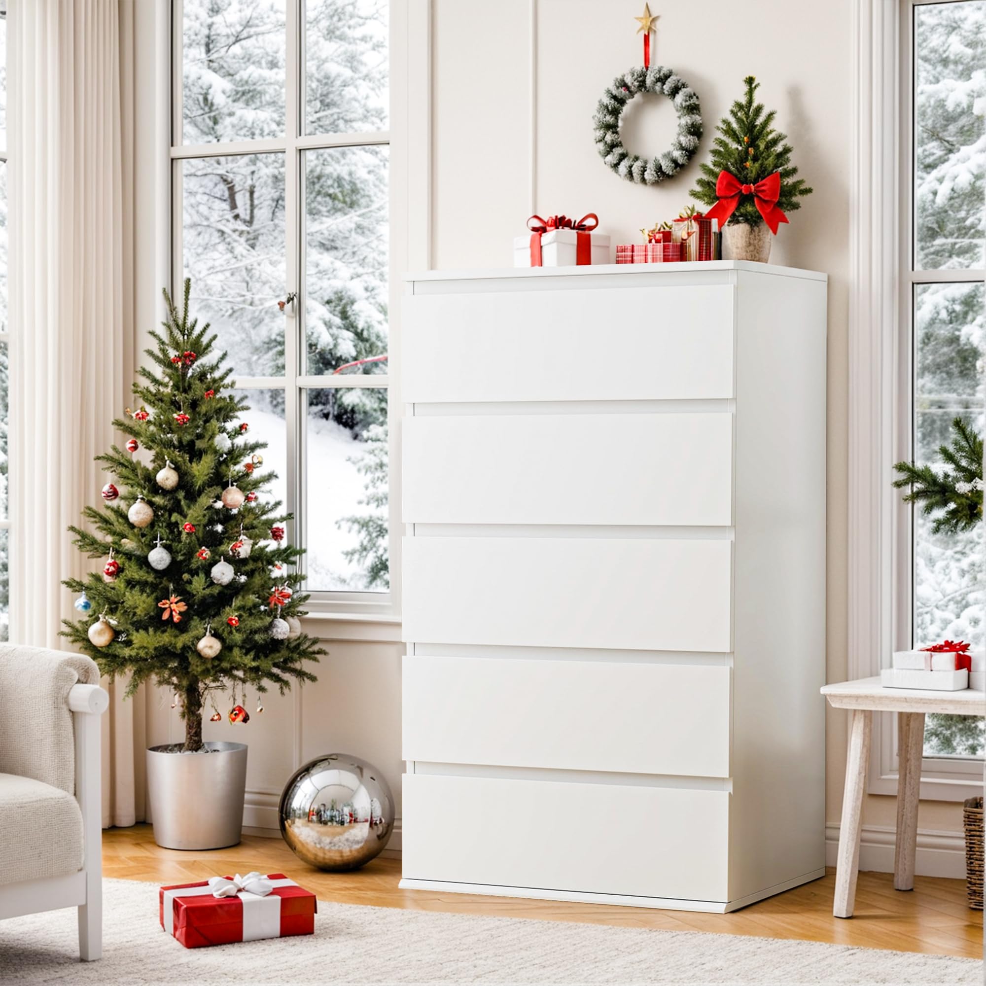 FOTOSOK 5-Drawer White Dresser with Large Storage Space - Modern Tall Chest of Drawers for Bedroom, 23.6
