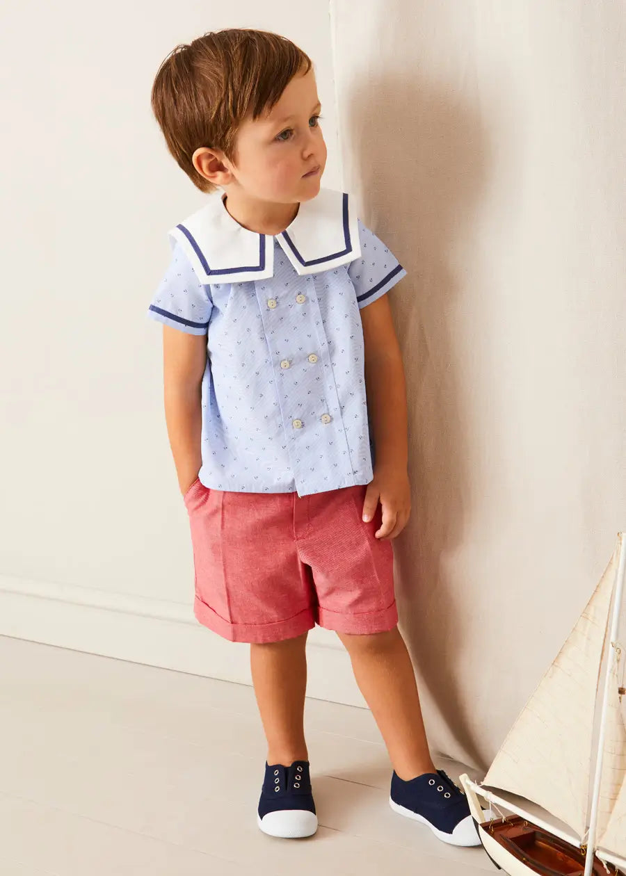 Lyall Stripe Anchor Motif Mariner Collar Short Sleeve Shirt - Blue Boys' Nautical Top (12 Months to 6 Years) | Perfect for Beach Outings, Summer Parties & Casual Wear