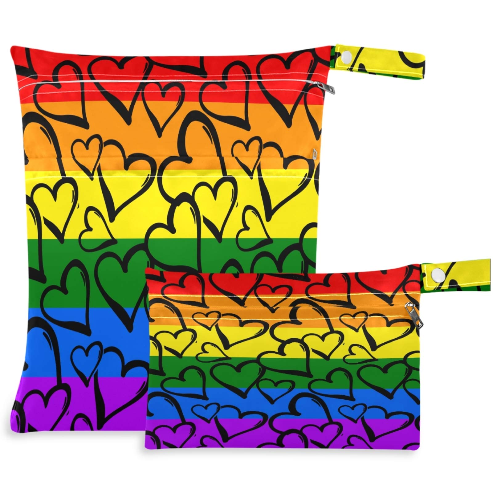 Visesunny Valentine's Day Heart Rainbow Stripe 2-Piece Wet Bag Set - Waterproof Zippered Pockets, Washable & Reusable for Travel, Beach, Pool, Daycare, Stroller | Perfect for Diapers, Gym Clothes, Swimsuits & Toiletries Organization
