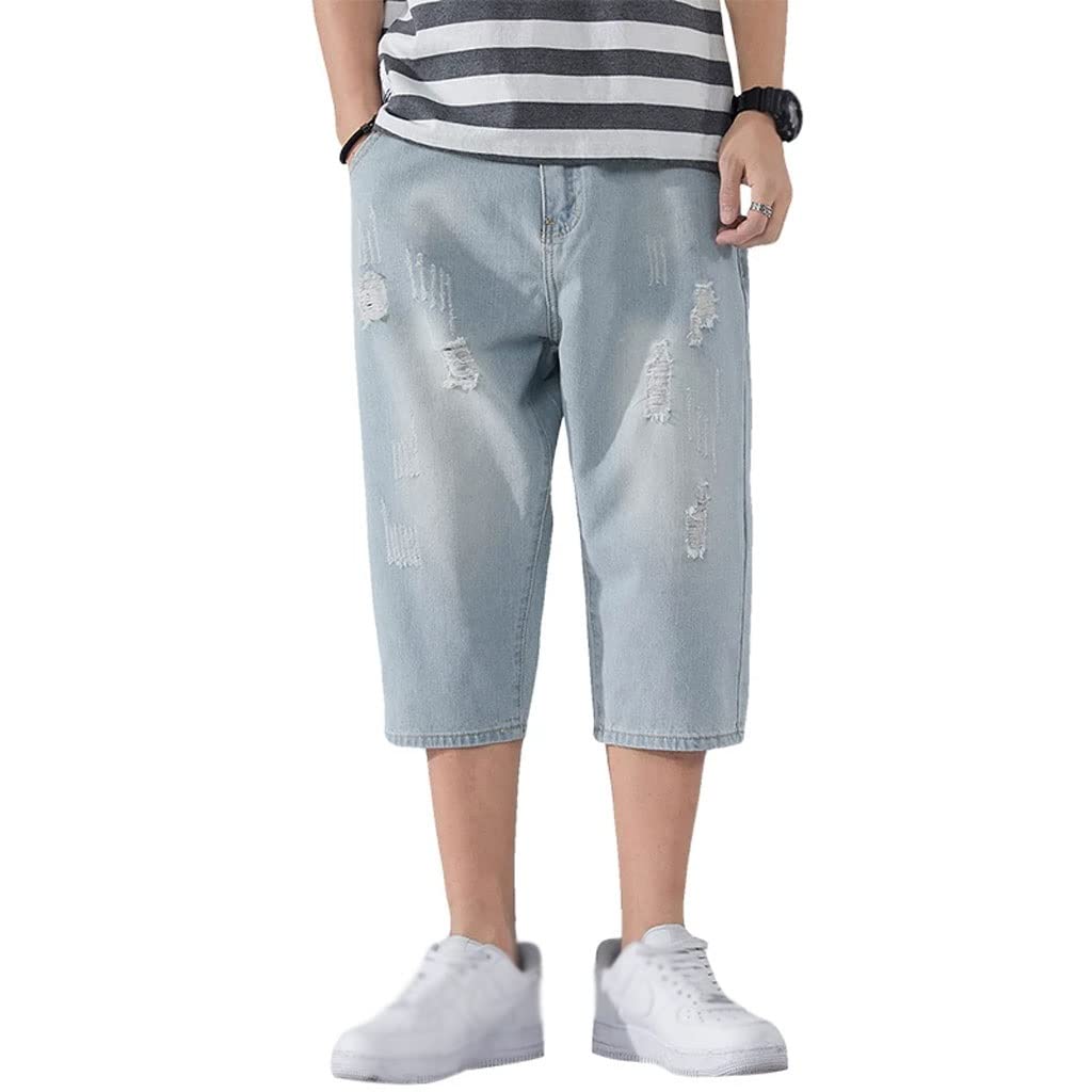Men's Ripped Jeans - Summer Cropped Streetwear Pants with Holes, Loose Fit Calf-Length Trousers (Color A, Size 33) | Perfect for Casual Outings, Music Festivals & Urban Fashion