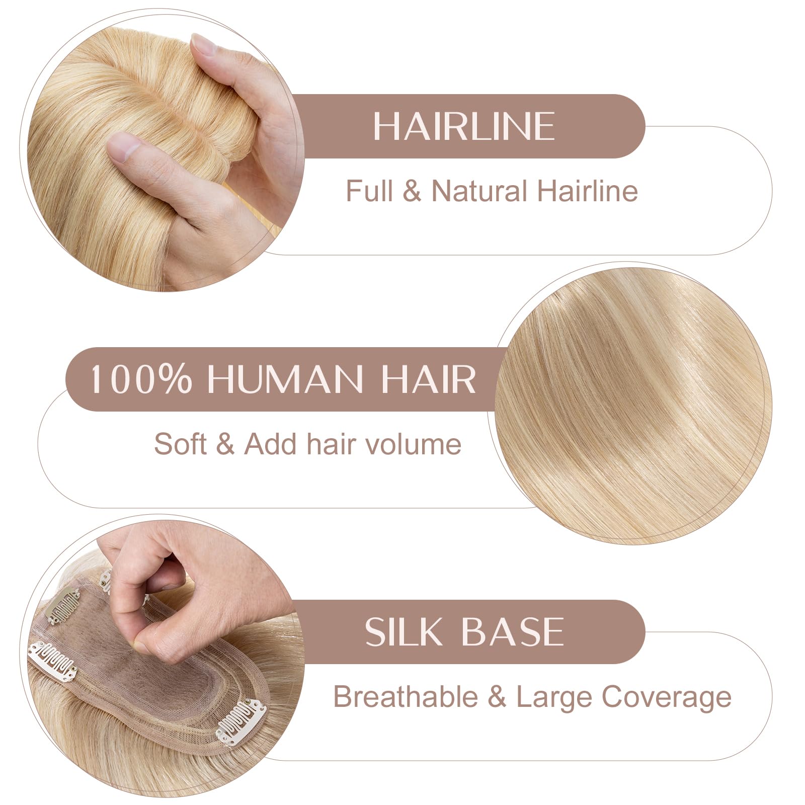 14 Inch Human Hair Topper for Women - No Bangs Real Human Hair Topper for Thinning Hair #18P613 Camel Mixed Light Gold | Perfect for Daily Wear, Special Occasions & Hair Volume Enhancement