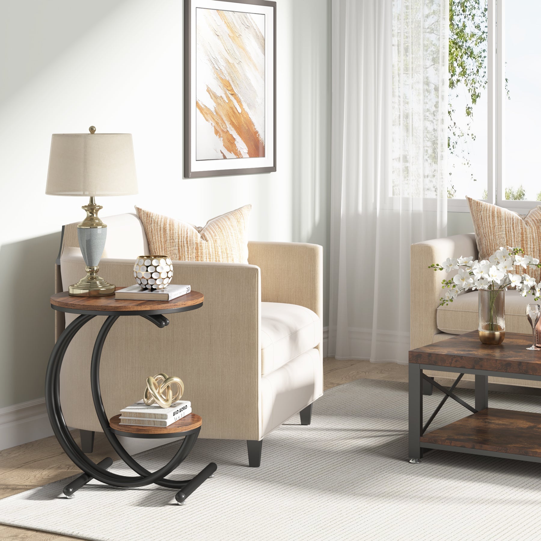 2 Tier End Table with C-Shaped Frame - Small Accent Side Table for Living Room, Bedroom & Office - Modern Nightstand with Storage Shelf