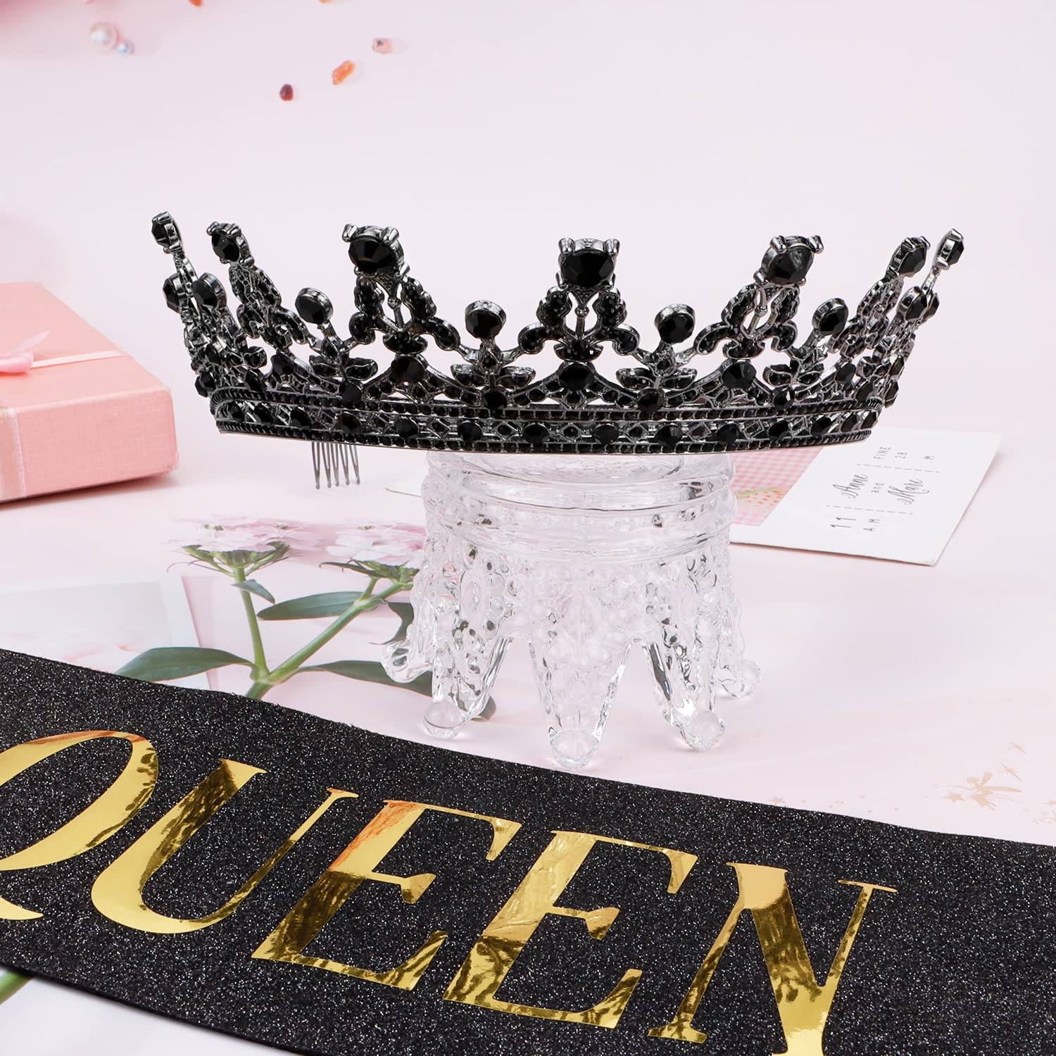 Black Crystal Tiara and Birthday Sash Set for Women - Queen Crown Headband & Princess Sash for Birthday Parties, Bachelorette, Bridal Showers & Special Events