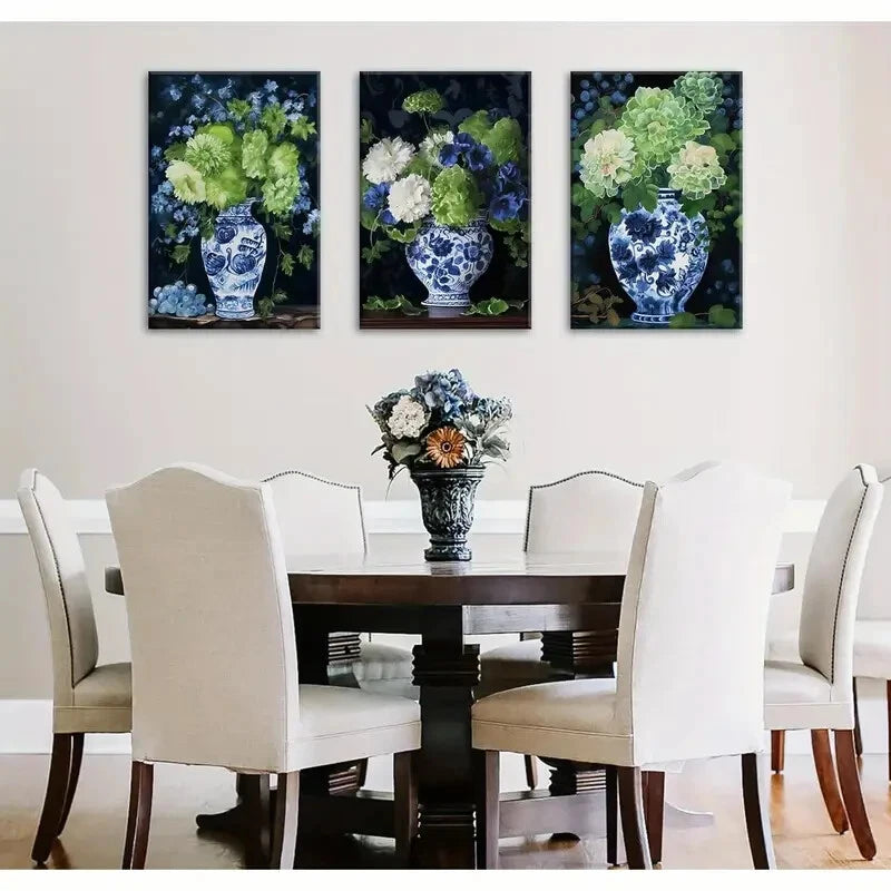 3-Piece Aesthetic Blue & White Porcelain Vase Metal Wall Art - Ready to Hang Home Decor for Living Room, Bedroom & Office