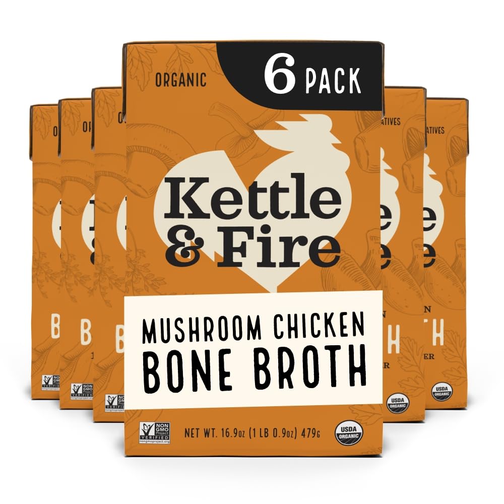 Kettle and Fire Mushroom Chicken Bone Broth - Keto, Paleo, Whole30 Approved, Gluten Free, 19g Protein, Natural Collagen Source, Pack of 6 - Perfect for Soups, Stews & Healthy Cooking