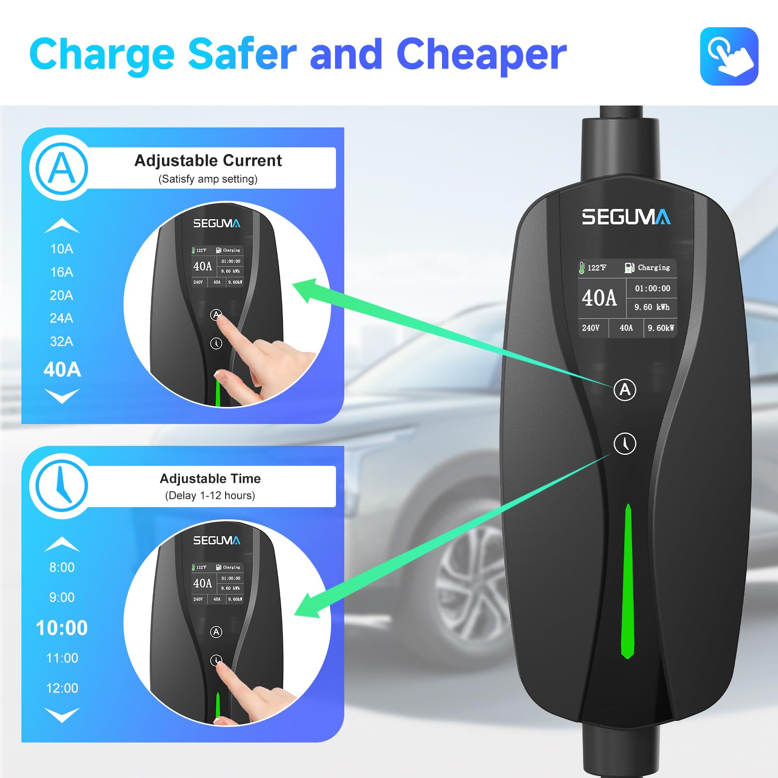 40Amp Level 2 EV Charger - 240V 9.6kW Portable Electric Car Charger with 25FT Cable & NEMA 14-50 Plug | Adjustable Current & Timing Delay | J1772 Compatible for BEVs/PHEVs | Perfect for Home & Road Trip Charging
