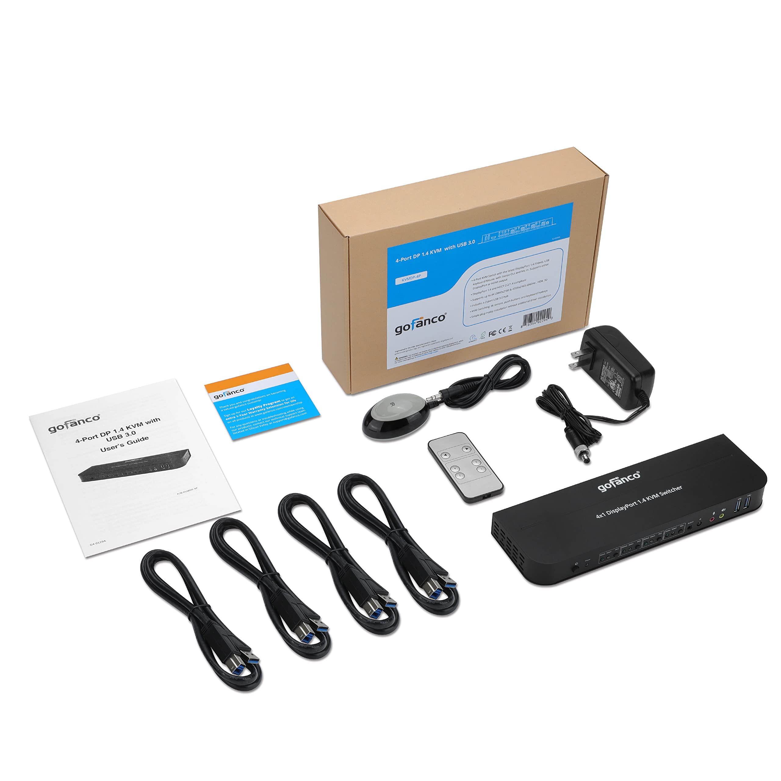 gofanco 4 Port DisplayPort KVM Switch with USB 3.0 Hub - 4K@60Hz HDR, HDCP 2.2, USB Keyboard/Mouse Support, IR Remote - Ideal for Multi-Computer Workstations, Gaming Setups & Home Office Desktops