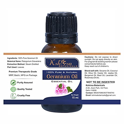**100% Pure & Premium Geranium Essential Oil (Pelargonium Graveolens) - 15ml - Steam Distilled - Lightens Scars, Controls Acne, Nourishes Scalp, Strengthens Hair Roots - Perfect for Aromatherapy, Skincare & Hair Care**
