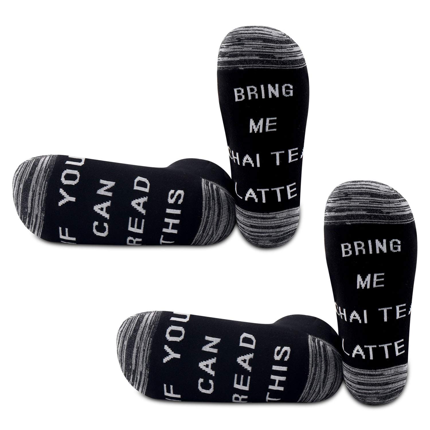 JXGZSO 2 Pairs Funny Novelty Socks - 'Bring Me a Chai Tea Latte' & 'Can Read This' Coffee Lover Gifts for Women & Men - Perfect for Tea Parties, Cozy Nights & Christmas Presents