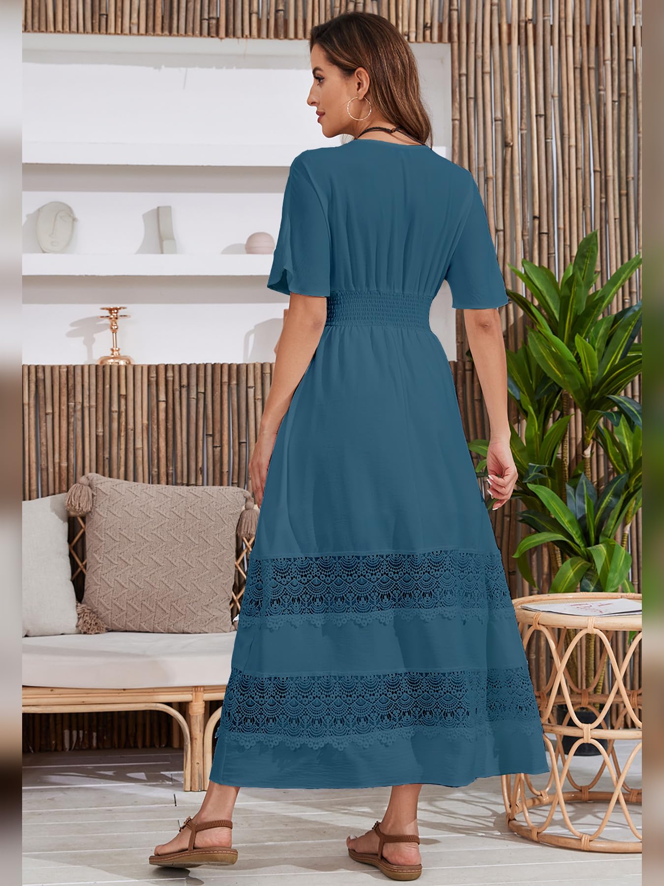Boho Maxi Dress for Women 2025 | Summer V-Neck Lace Wedding Guest Dress with Smocked Waist | Flowy Bohemian Long Dresses for Beach, Party & Special Occasions