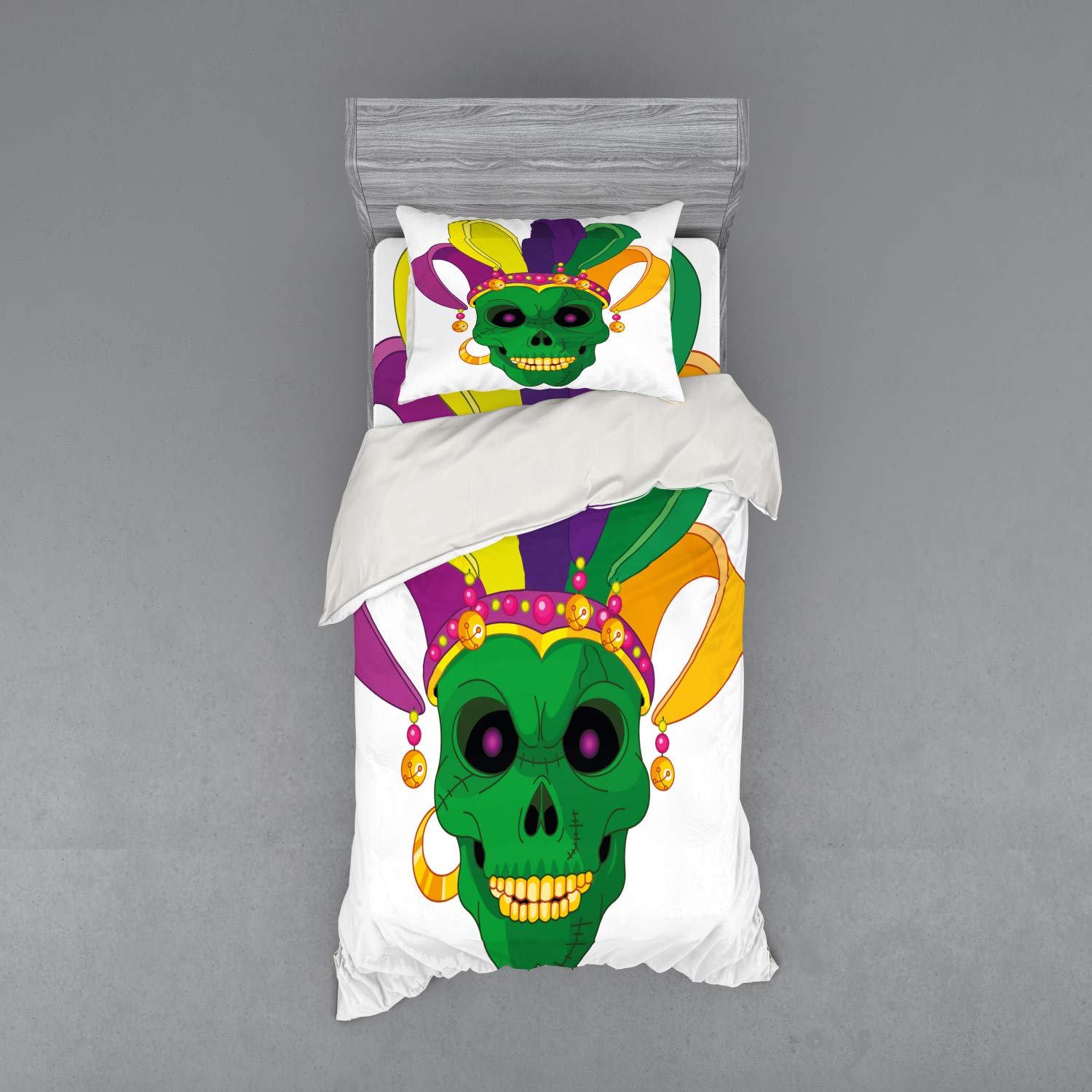 Ambesonne Mardi Gras Duvet Cover Set - Green Skull with Carnival Hat & Beads Cartoon Design, 3-Piece Bedding Set Includes Sham & Fitted Sheet, Twin XL Size, Vibrant Multicolor | Perfect for Halloween Decor, Themed Parties & Unique Bedroom Style