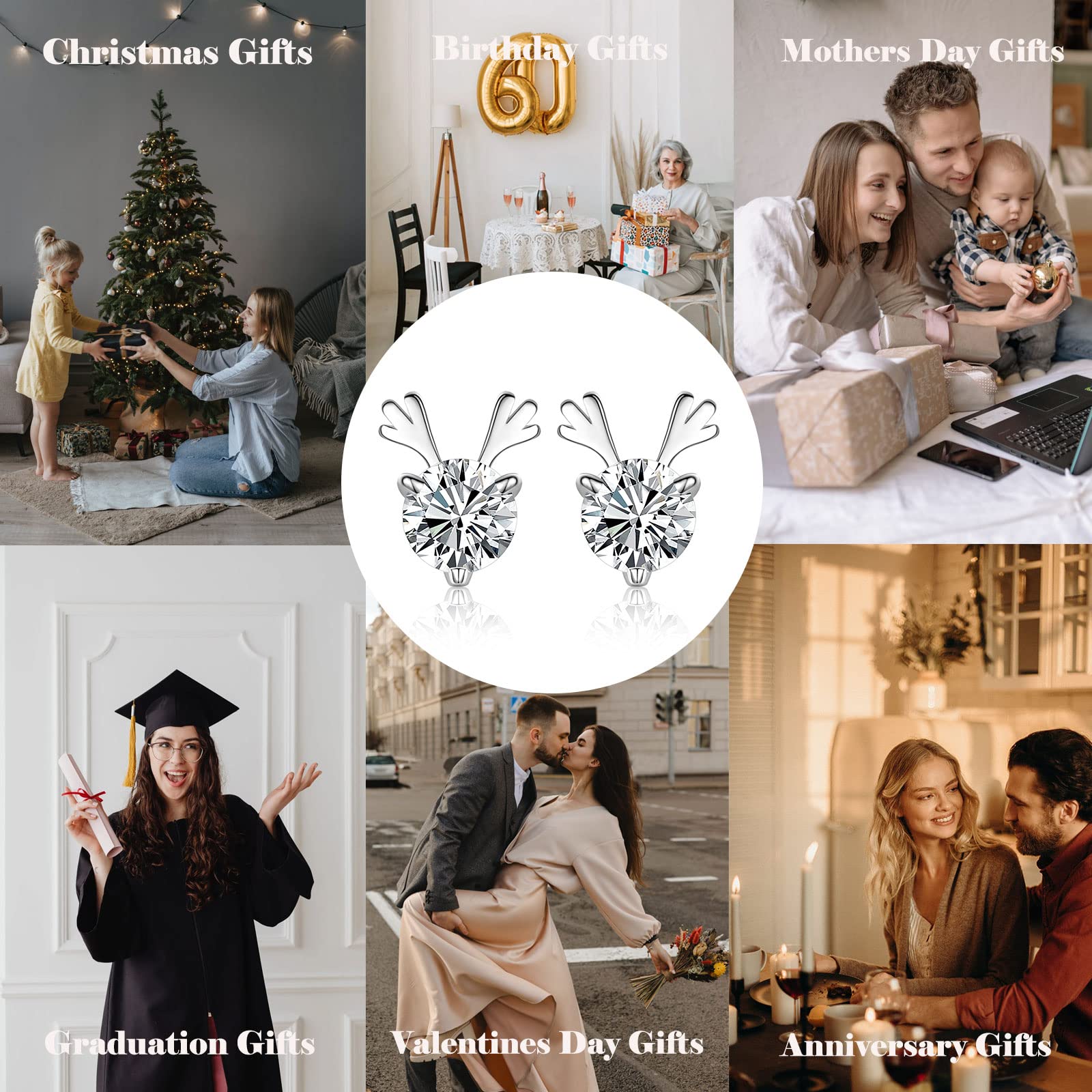 925 Sterling Silver Reindeer Earrings for Women - Hypoallergenic CZ Deer Antler Studs, Christmas & Birthday Gifts for Girls and Ladies - Perfect for Holiday Parties, Office Celebrations and Festive Outfits