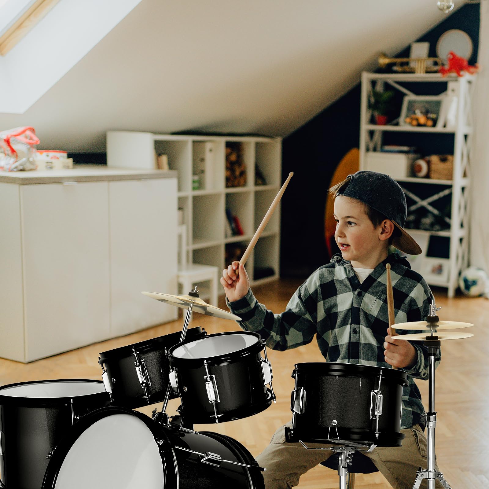**Ktaxon 5-Piece Complete Junior Drum Set – 16 Inch Kids Drum Kit with Throne Stool, Pedal & Drumsticks – Includes Cymbal, Hi-Hat, Floor Tom, Snare Drum – Perfect for Beginners & Young Musicians (Black) – Ideal for Home Practice, Music Lessons & Kids' Performances**