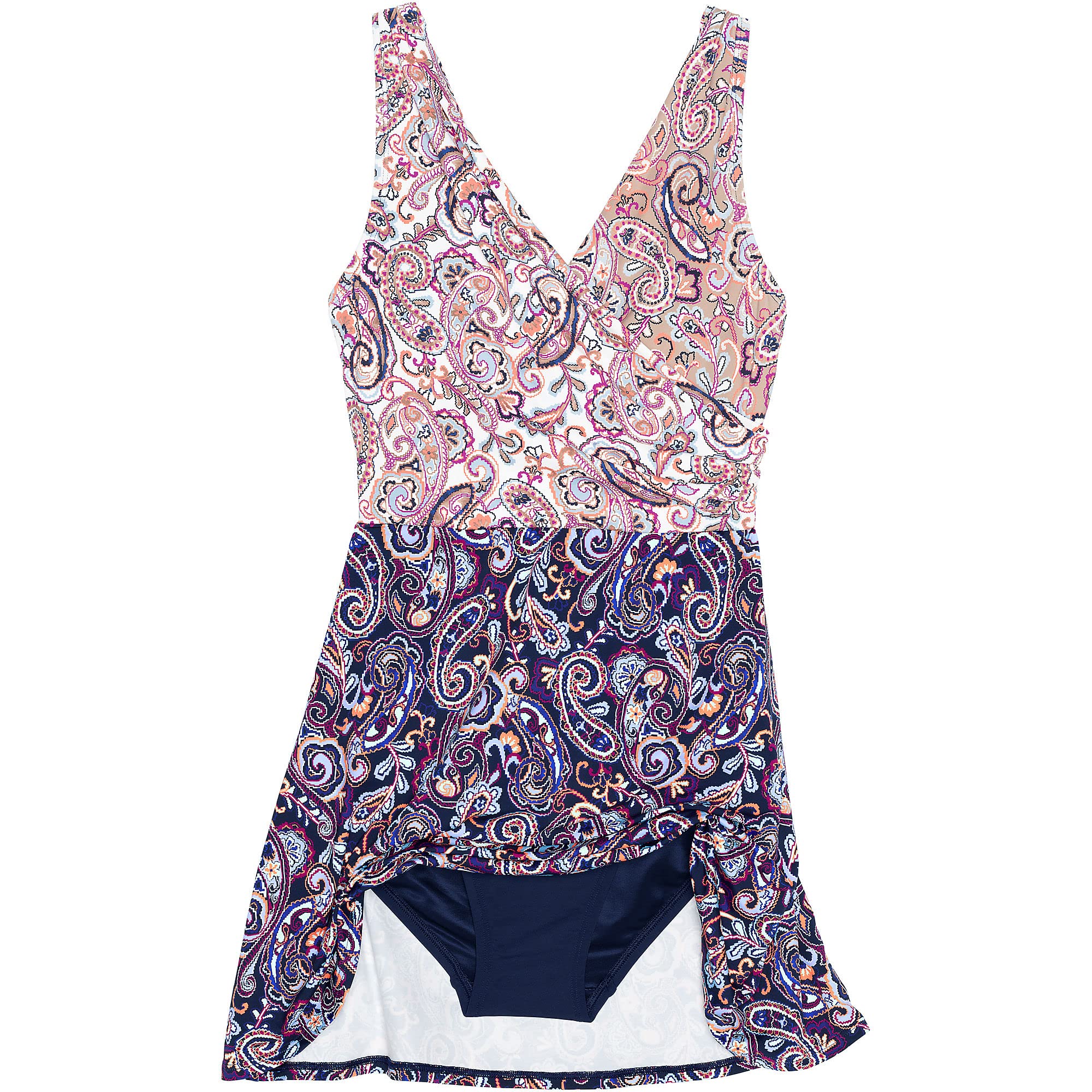 Lands' End Women's Chlorine Resistant Surplice Swim Dress - Deep Sea Navy Paisley Mix - Size 4 | Flattering Swimwear for Beach, Pool & Vacation | Comfortable Swim Dress with Control for Women