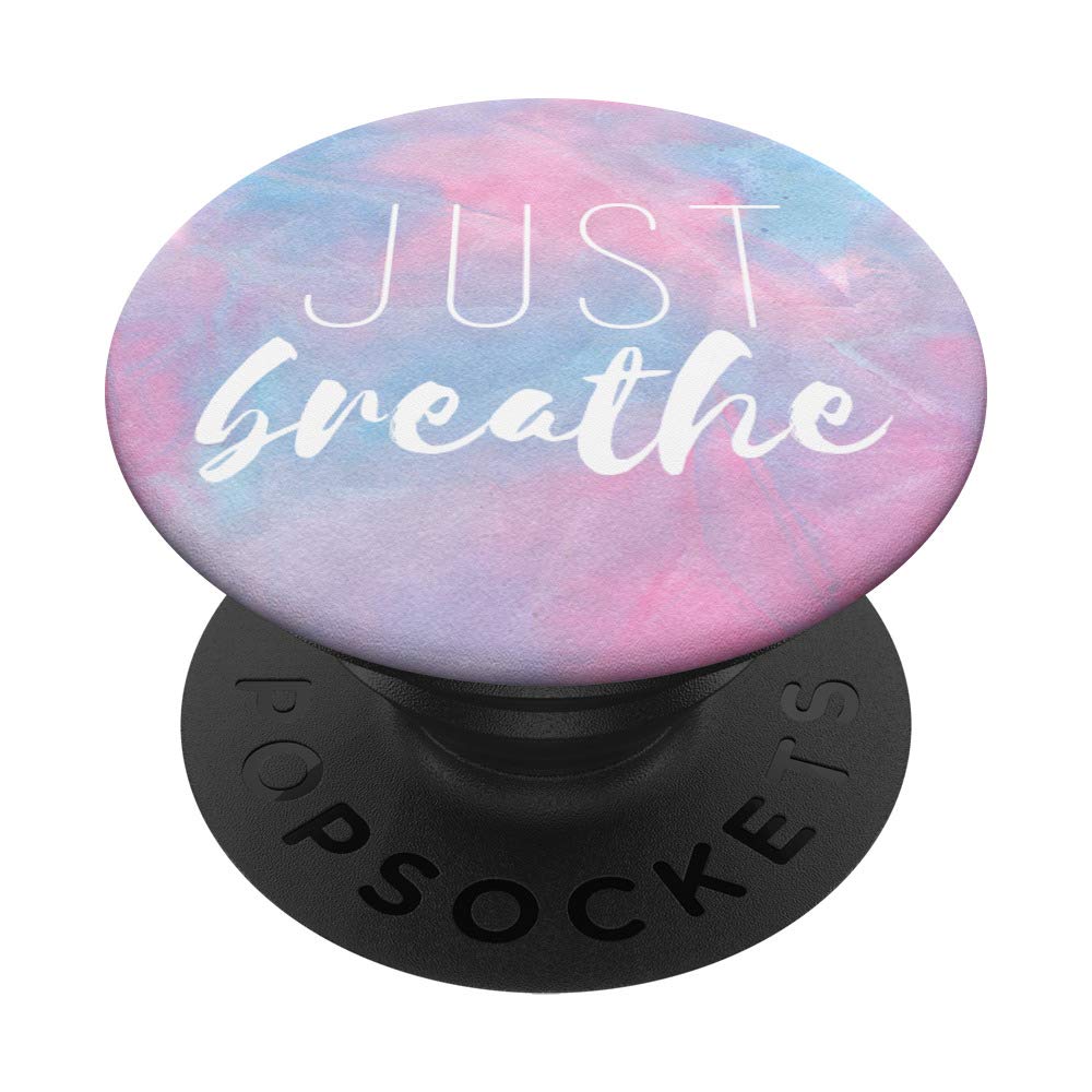 Just Breathe Yoga Yogi Blue Pink Motivational Quote PopSockets - Phone Grip & Stand for iPhone, Samsung, Tablets - Perfect for Yoga, Meditation & Daily Use