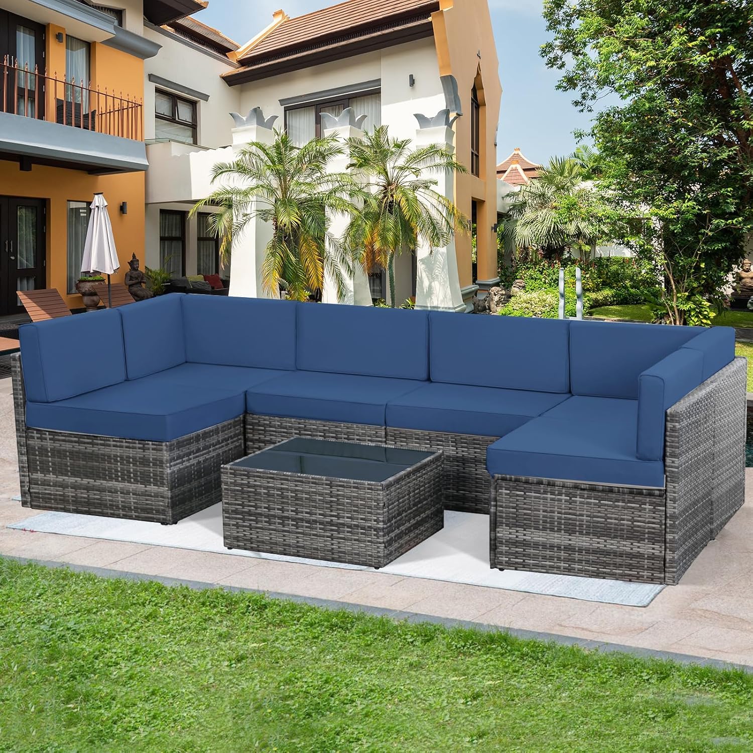 U-MAX 7-Piece Outdoor Patio Furniture Set - PE Rattan Wicker Sectional Sofa with Cushions & Coffee Table - Grey Rattan & Navy Blue Cushions - Perfect for Garden, Poolside, and Backyard Relaxation