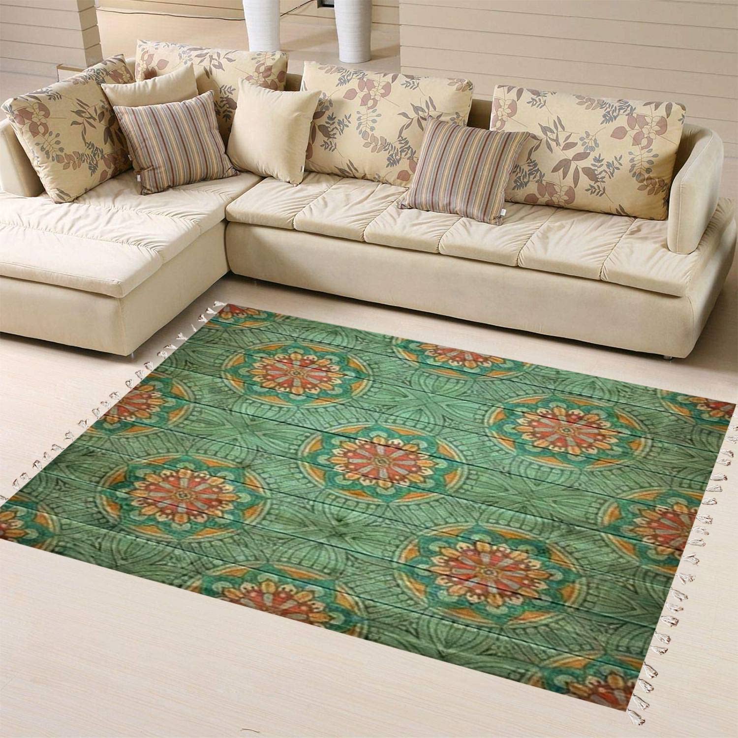 Boho Rug Ethnic Floral Seamless Area Rug - Linen Carpet for Patio, Hallway Runner Mat - Minimalist Home Decor for Living Room, Bedroom & Outdoor Use - Perfect for Bohemian Style Decor, Yoga Space and Cozy Reading Nook