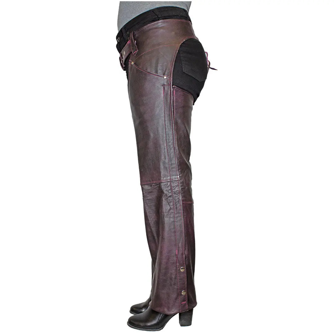 Open Road Women's Dark Purple Wash Leather Chaps - Premium Biker Pants for Motorcycle Riding & Fashion