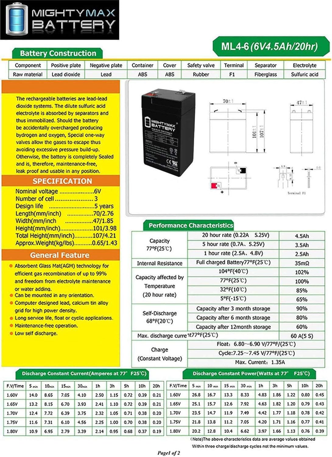 Mighty Max Battery ML4-6 - 6V 4.5AH Replacement Battery for APC UPS Systems - 2 Pack - Power Backup for Computers, Routers, and Home Office Equipment