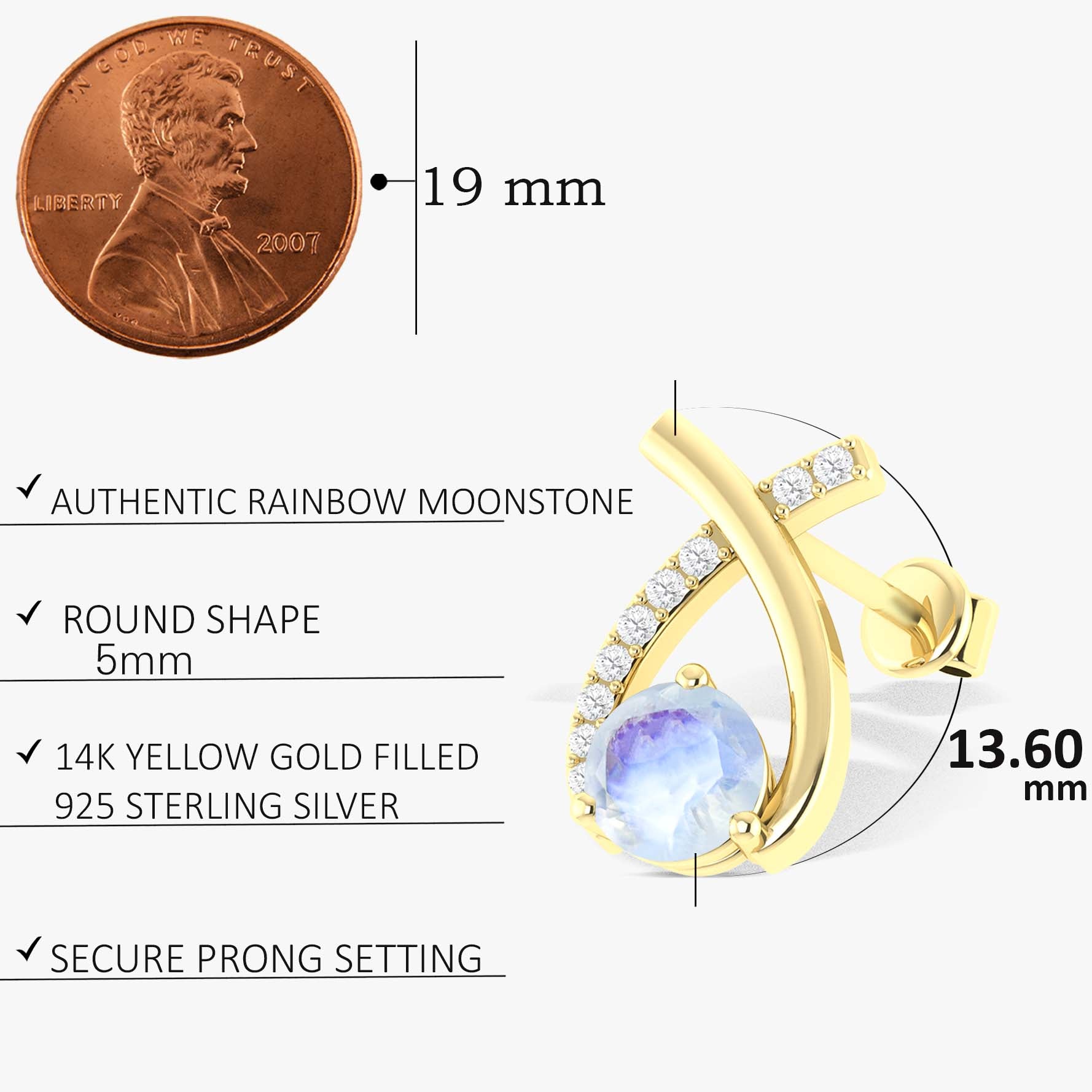 5MM Round Natural Moonstone Opal Stud Earrings for Women - Hypoallergenic Sterling Silver Earrings for Everyday Wear, Gift Giving & Special Occasions