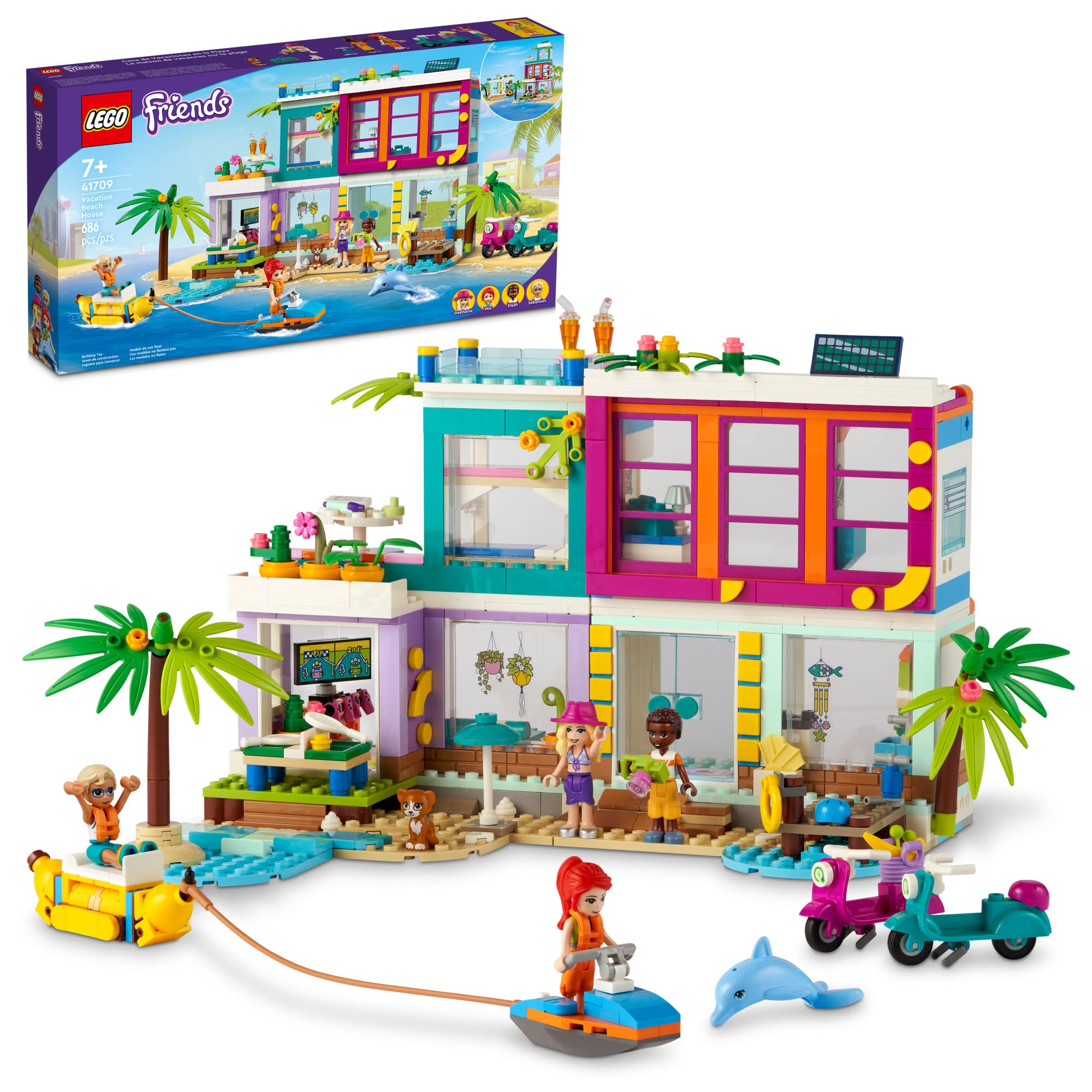 LEGO Friends Vacation Beach House 41709 Building Kit - 686 Pieces with Mia Mini-Doll & 3 Characters, 2 Animal Figures - Creative Gift for Kids Ages 7+ - Perfect for Beach-Themed Play, Birthday Presents & Imaginative Role-Playing Scenes