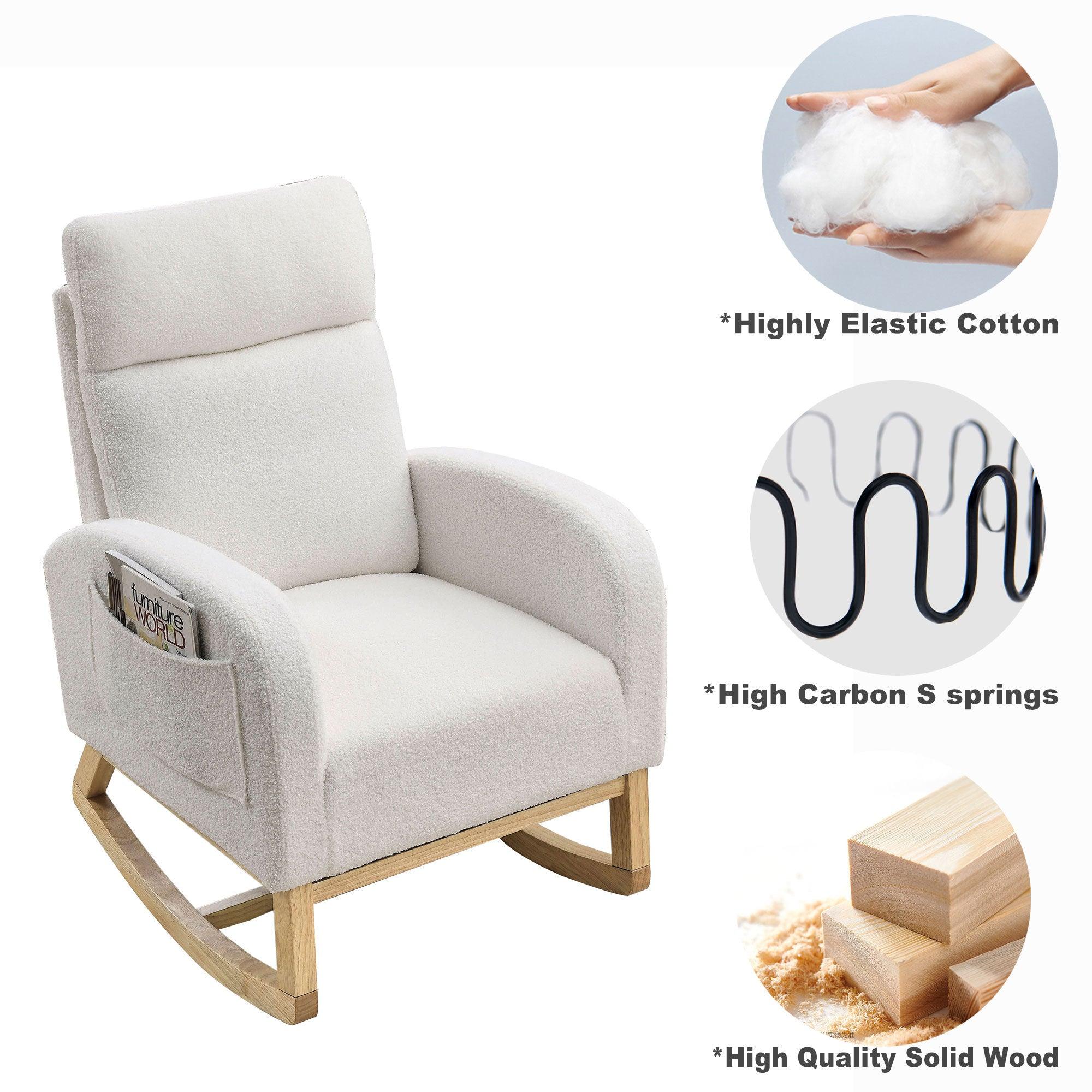 27.6W Modern Accent High Backrest Rocking Chair with Side Pockets - Teddy White (Ivory) - Perfect for Living Room, Lounge, Nursery & Reading Nook