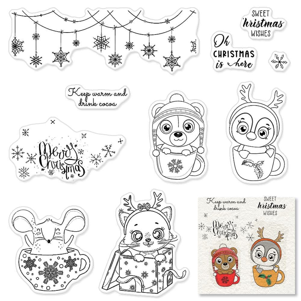 Christmas Snowflake Clear Rubber Stamps Set for Card Making - Cup, Cat, Mouse, Bear, Penguin & Star Designs with Sentiment Words - Perfect for Holiday Cards, DIY Photo Albums, Scrapbooking & Journaling - Great for Winter Crafts, Gift Wrapping & Seasonal Decorations
