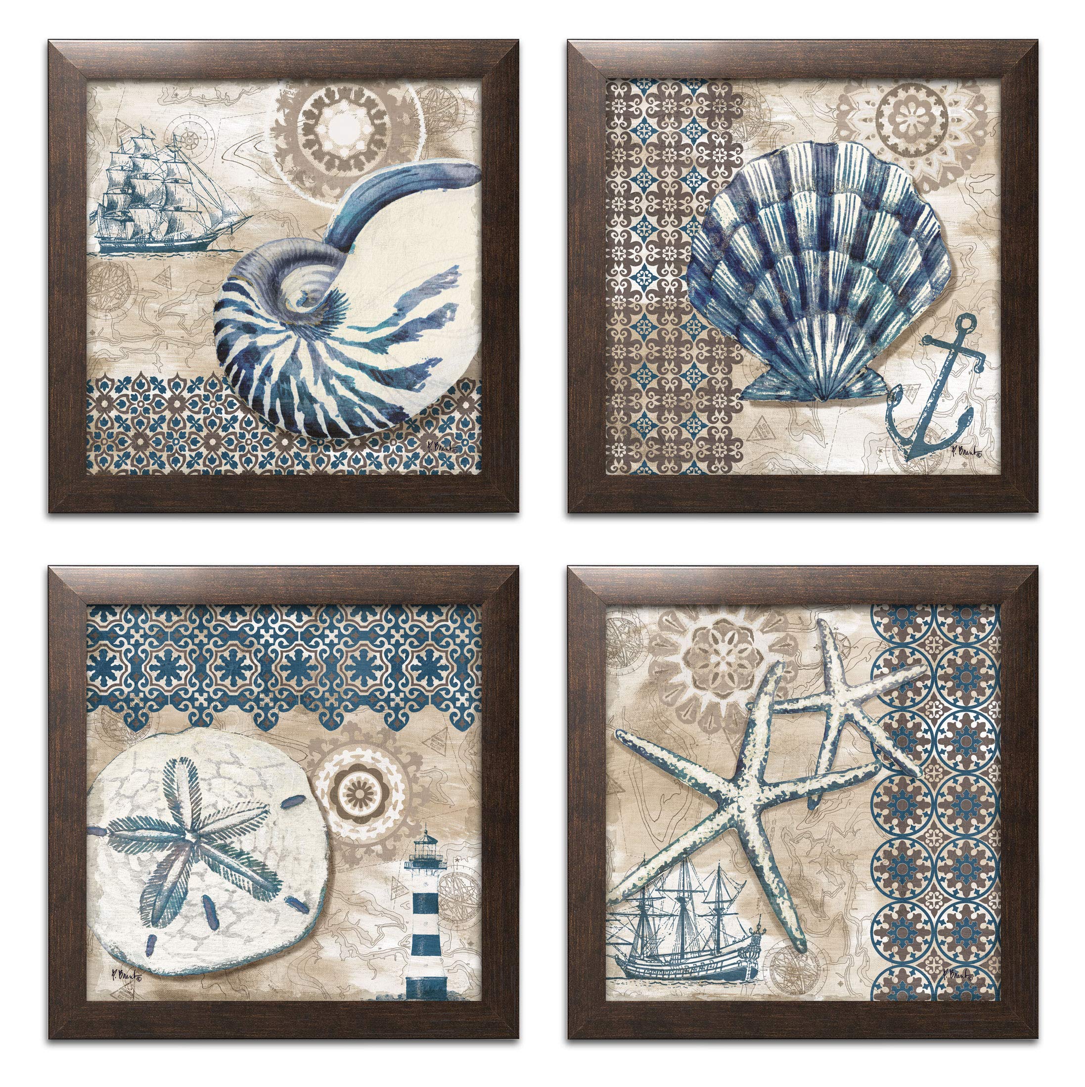 4 Blue & Brown Ocean Seashell Sand Dollar Starfish Collage Poster Prints - Nautical Wall Decor - Set of Four 12x12 Inch Framed Art Prints Ready to Hang - Perfect for Beach House, Coastal Living Room & Bathroom Decor
