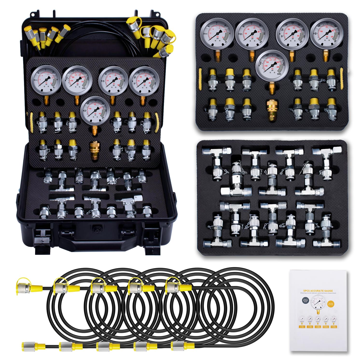 Hydraulic Pressure Test Kit with 5 Gauges (Max 10000 PSI) - 13 Test Couplings, 14 Tee Connectors & 5 Test Hoses - Professional Hydraulic Nitrogen Gauge Tester Set for Excavators, Construction Equipment, Heavy Machinery & Mining Operations - Ideal for Hydraulic System Maintenance, Pressure Testing & Equipment Diagnostics