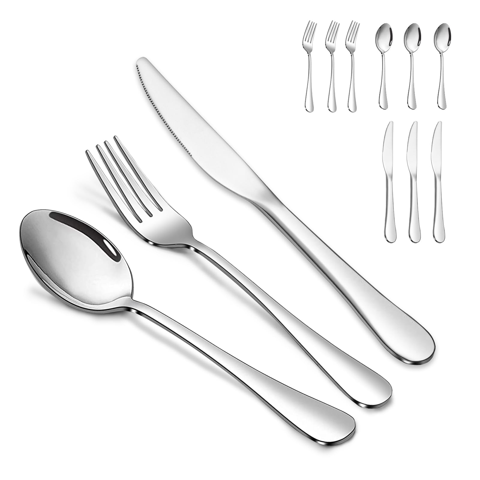 Premium Stainless Steel Silverware Set - SANTUO 9-Piece Mirror Polished Cutlery Set with Knives, Spoons & Forks for Home, Kitchen & Restaurant Use | Dishwasher Safe | Elegant Dining, Dinner Parties & Catering Events