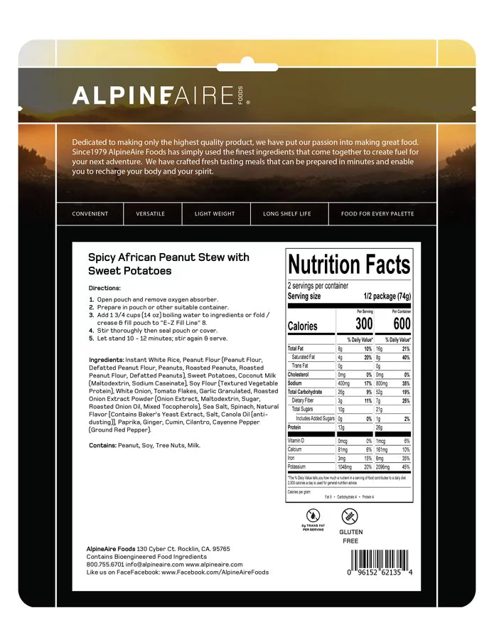 AlpineAire Spicy African Style Peanut Stew with Sweet Potatoes - Gluten-Free Backpacking & Camping Meal - Perfect for Outdoor Adventures, Hiking & Emergency Food Supply