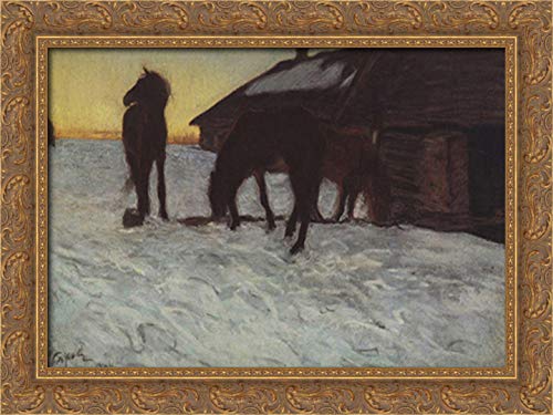 Valentin Serov 'Colts At Watering Place' 24x18 Gold Ornate Wood Framed Canvas Art - Perfect for Living Room, Bedroom & Office Wall Decor