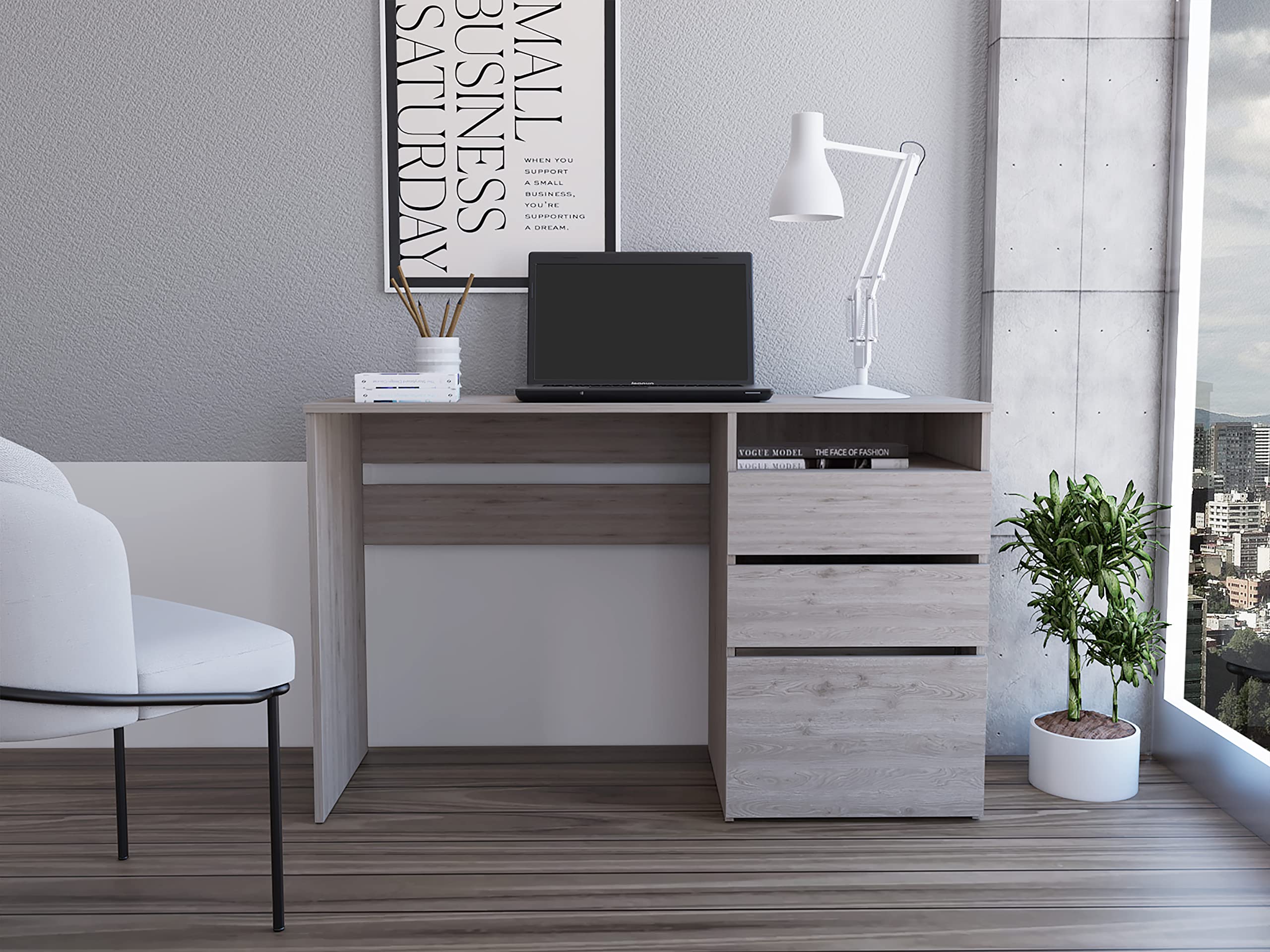 Kenai Computer Desk with 3 Drawers & Open Shelf - Light Gray Home Office Desk for Small Spaces, Gaming & Study - Sturdy Writing Desk with Storage