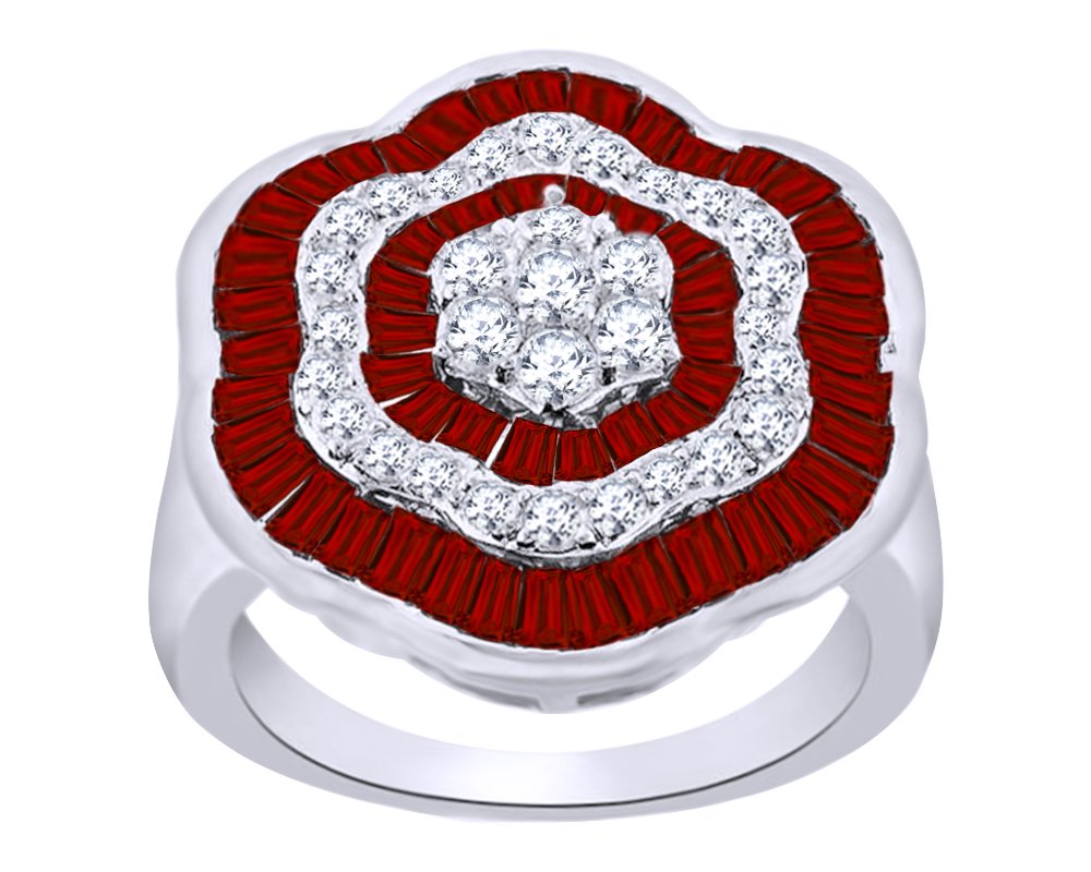 2.55 Ct Baguette Cut Simulated Garnet & White Topaz Floral Band Ring - 14k Gold Over Sterling Silver for Women - Elegant Gift for Anniversary, Valentine's Day & Special Occasions
