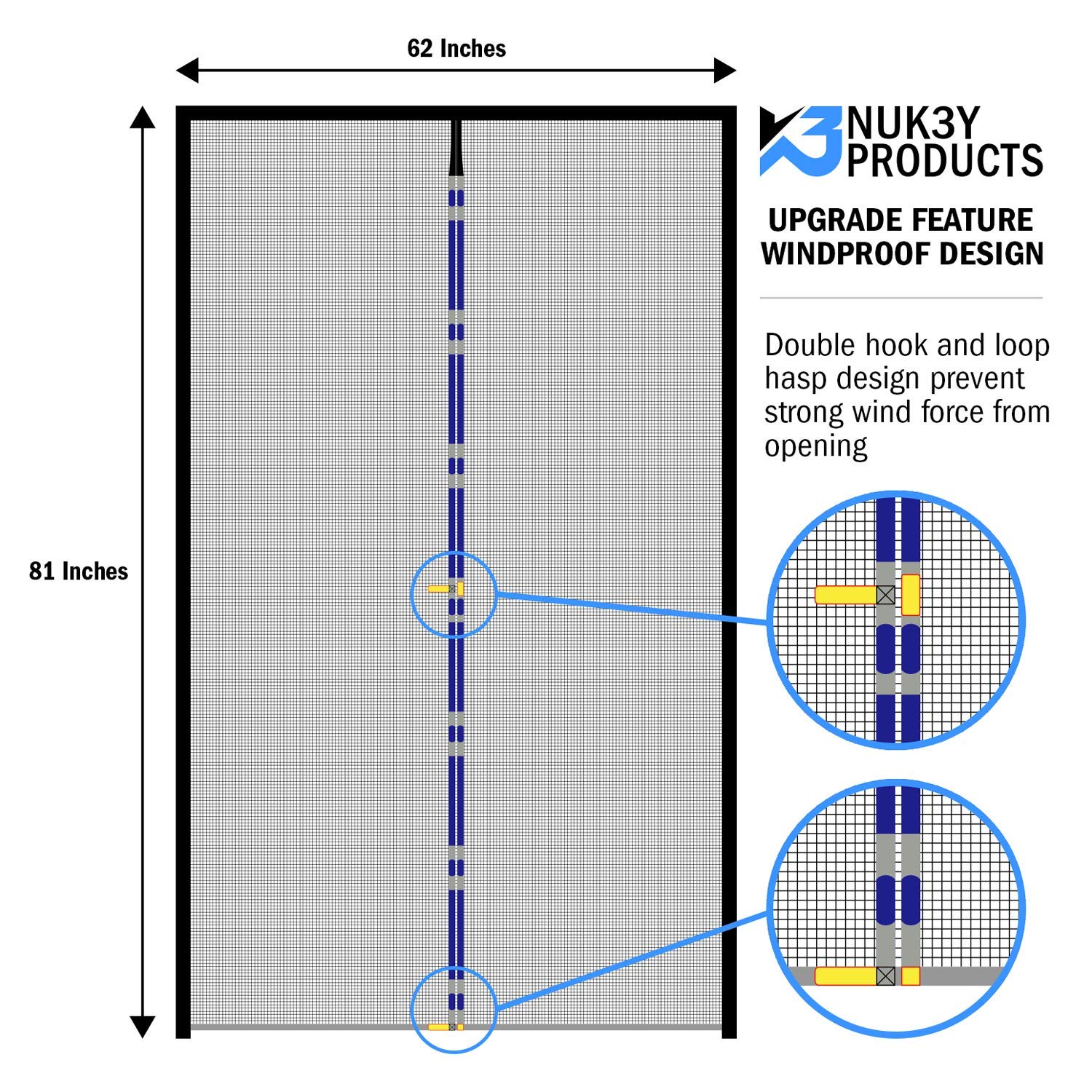 Upgraded Magnetic Screen Door Mesh Curtain - Fiberglass Design with Full Frame & Strong Velcro (60