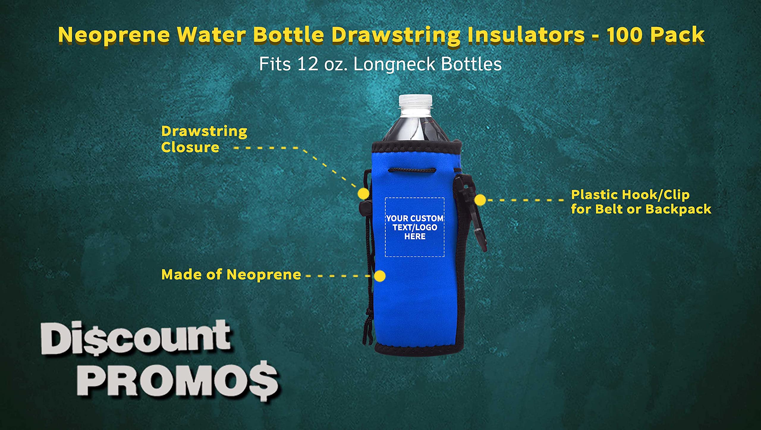 100 Pack Custom Neoprene Water Bottle Insulators with Drawstring - Personalized Text & Logo - 12 oz Longneck Bottle Sleeves with Hook - Royal Blue - Perfect for Parties, Events & Corporate Gifts