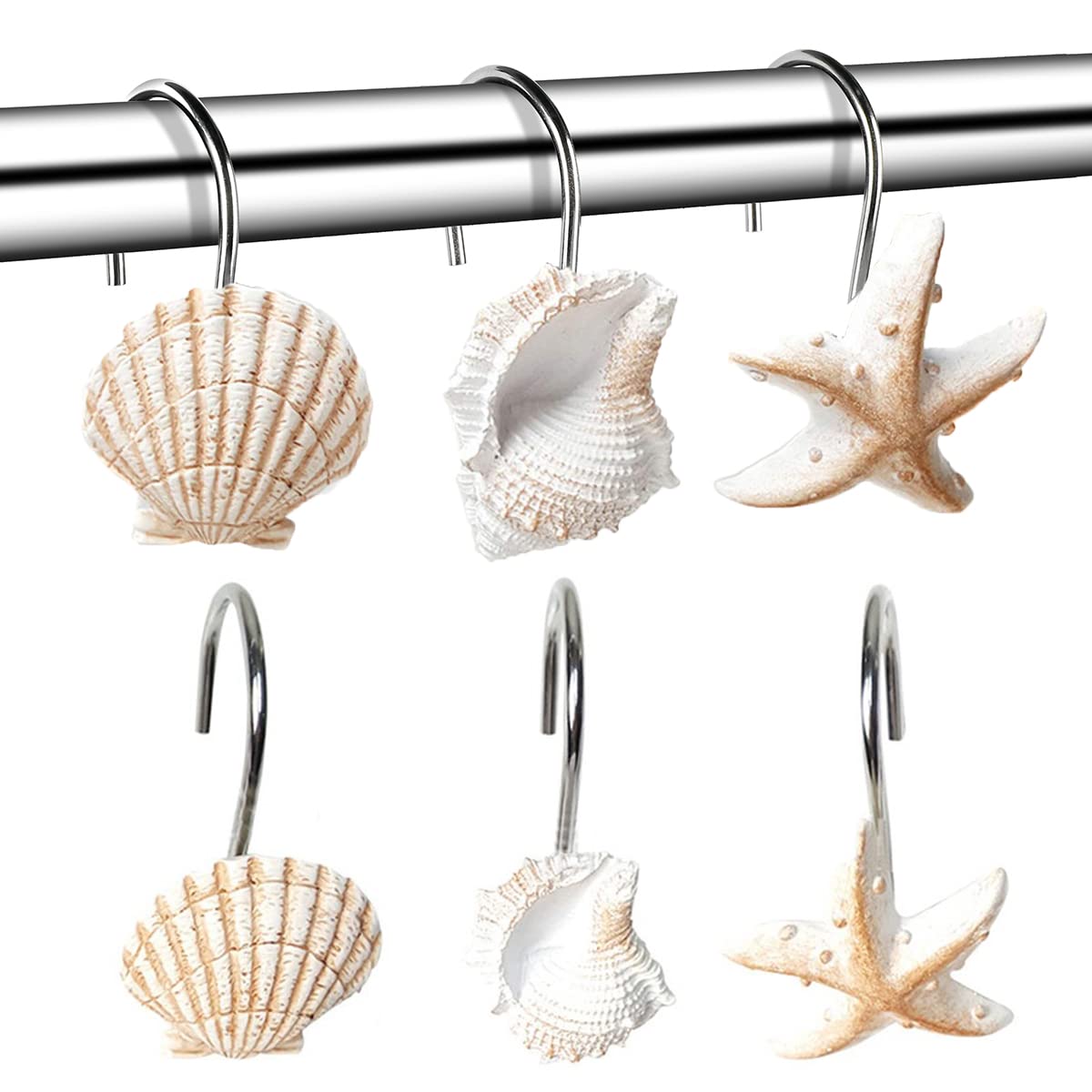 12 Pack Seashell Shower Curtain Hooks - Rustproof Resin Bathroom Decor Hooks for Shower, Bathtub, Bedroom & Nursery - Elegant Coastal Style Bath Accessories (Beach Theme Home Decor)