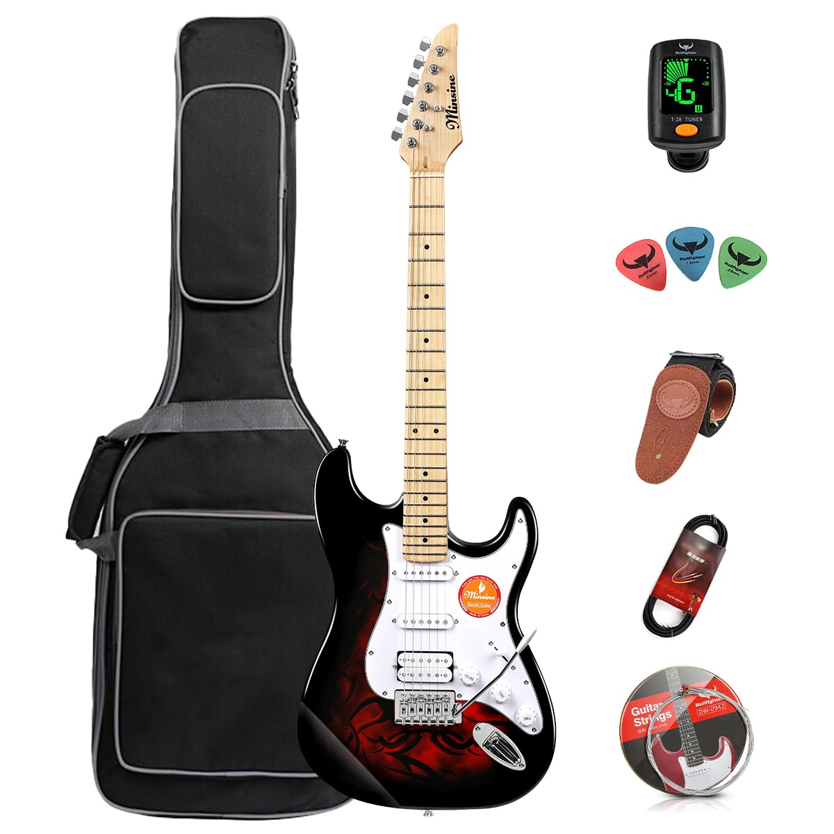 39 Inch Full Size Electric Guitar with Solid Body & S-S-S Pickups - 6 String Beginner Guitar Kit Includes Gig Bag, Strap, Tremolo Arm, Cable & Picks - Perfect for Rock, Blues & Practice Sessions (MS100, SSH-Red)