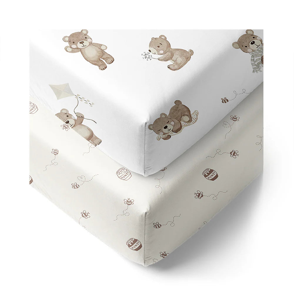 Soft & Breathable Cot Fitted Sheets 2 Pack - Cuddly Bear Design for Baby Cribs | Perfect for Nursery, Daycare & Travel Use