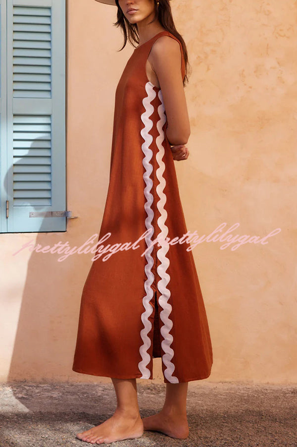 Elegant Boho Maxi Dress with Ric Rac Wave Trim - Flowy Loose Fit for Beach Vacations & Summer Getaways