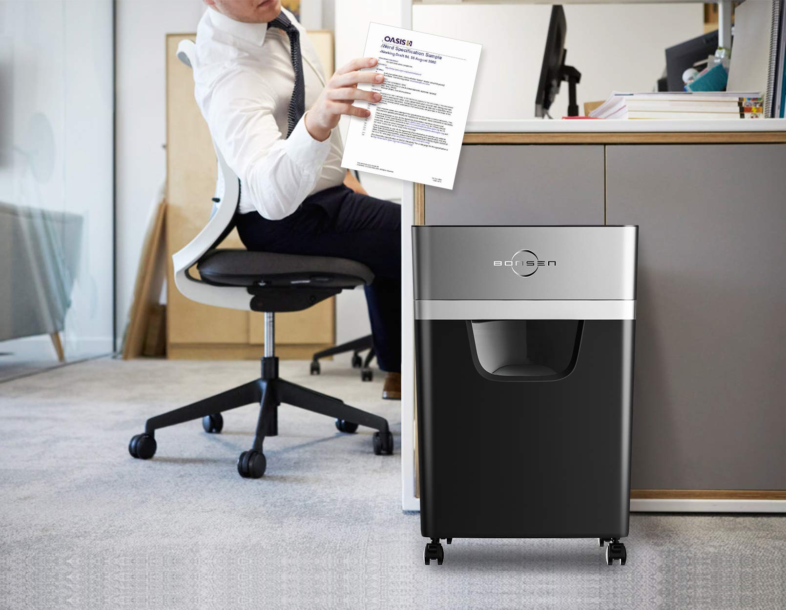 BONSEN 16-Sheet Heavy Duty Cross-Cut Paper Shredder for Office & Home Use - 60-Minute Continuous Run Time, 60dB Low Noise, 5.3-Gallon Pull-Out Bin, Anti-Jam Technology - Perfect for Confidential Document Destruction & CD Shredding (Model S3102)